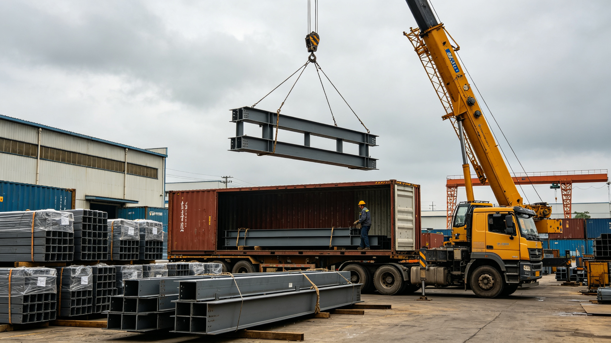 Steel structure components loaded into shipping container for export
