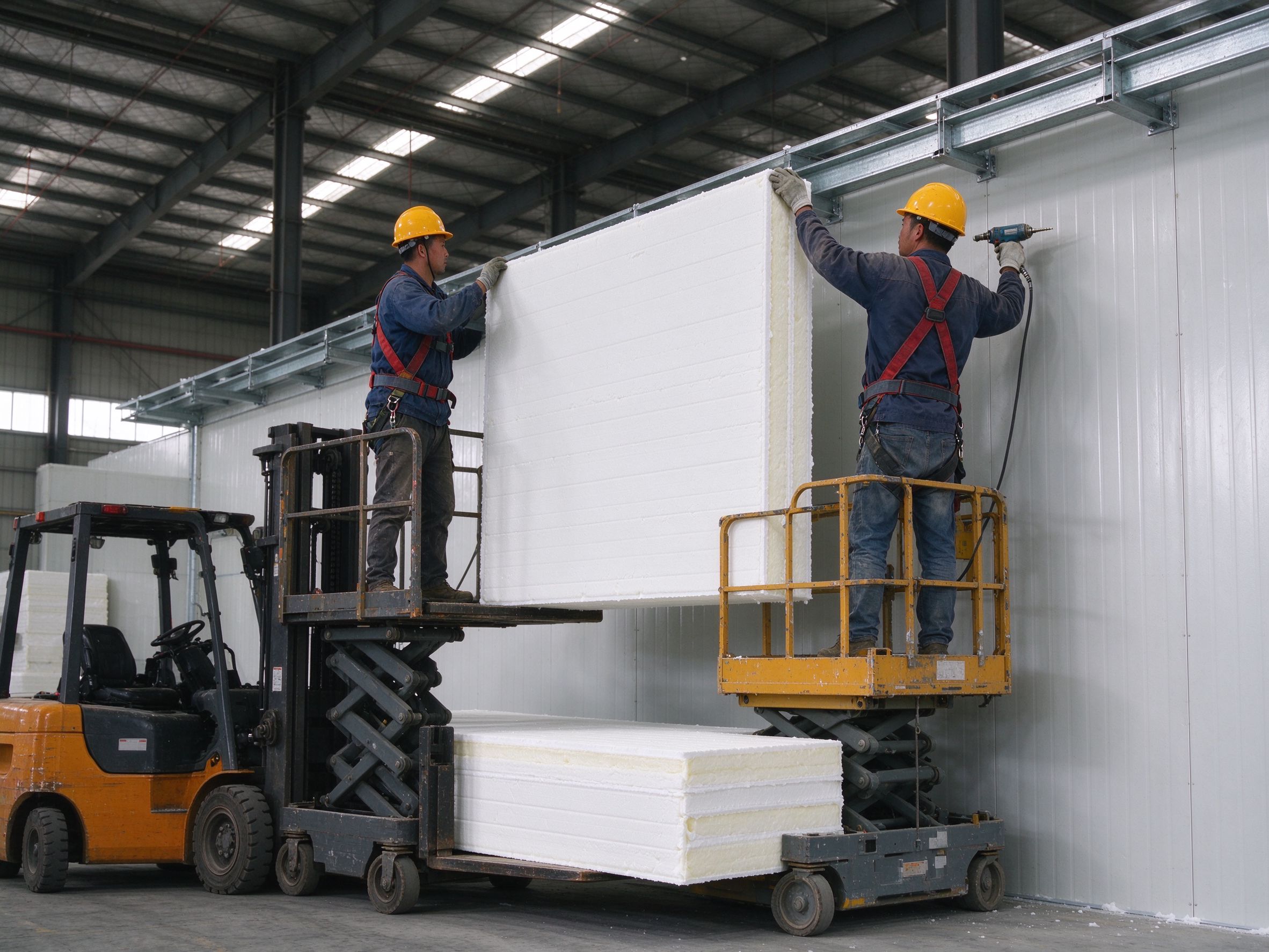 Worker installing insulated wall panels on a steel frame (illustrative concept image)