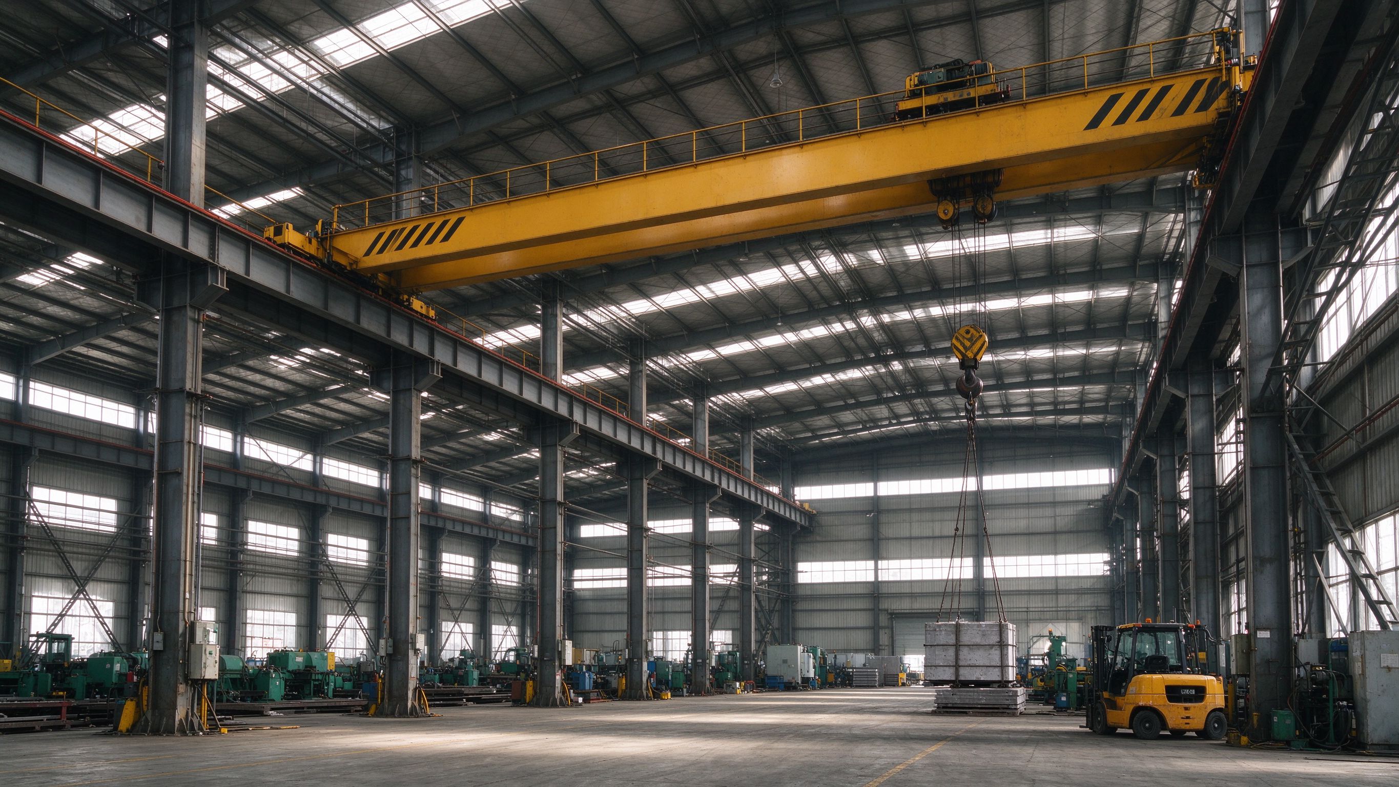 Overhead crane and runway beam in a steel building (illustrative concept image)