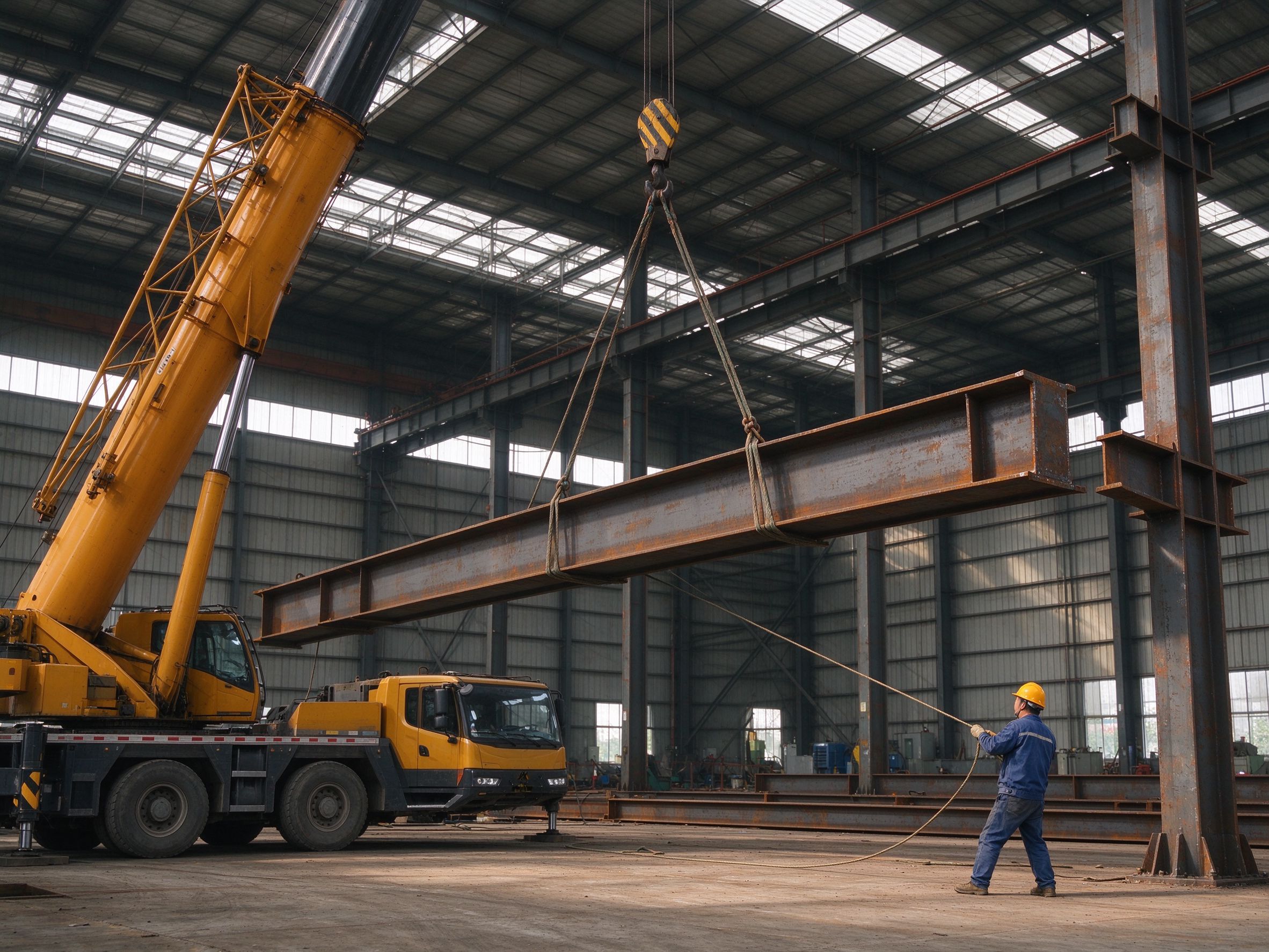 Workers lifting a crane girder into position (illustrative concept image)
