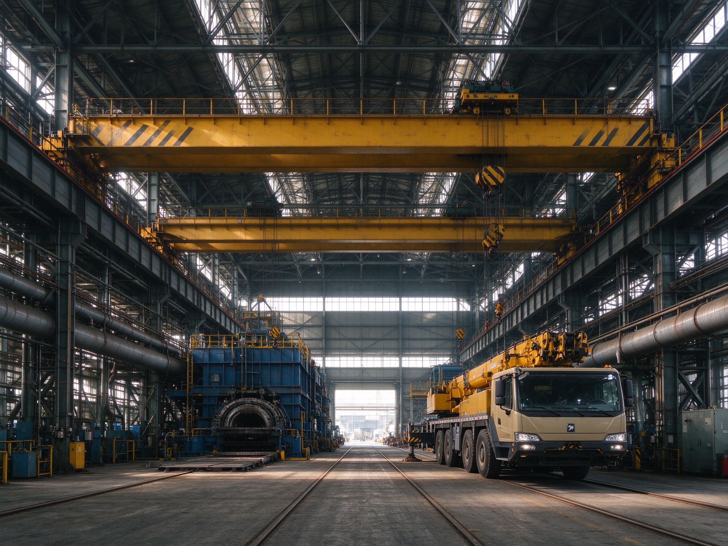 Workshop with overhead crane running on the runway (illustrative concept image)