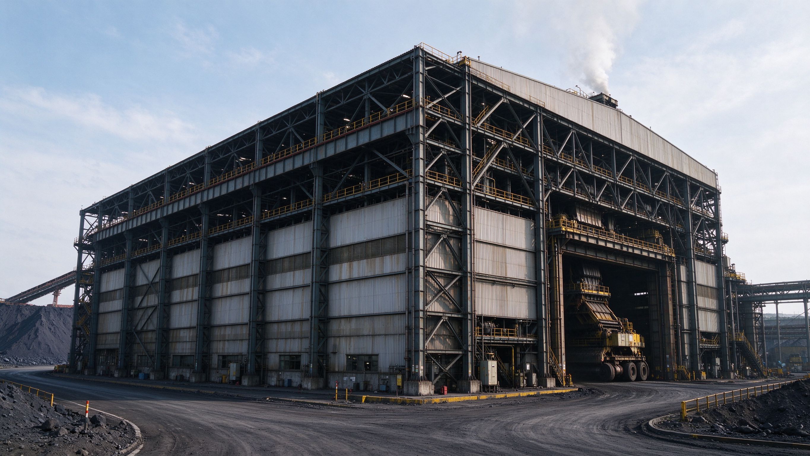 Heavy industrial steel building with crane and equipment (illustrative concept image)
