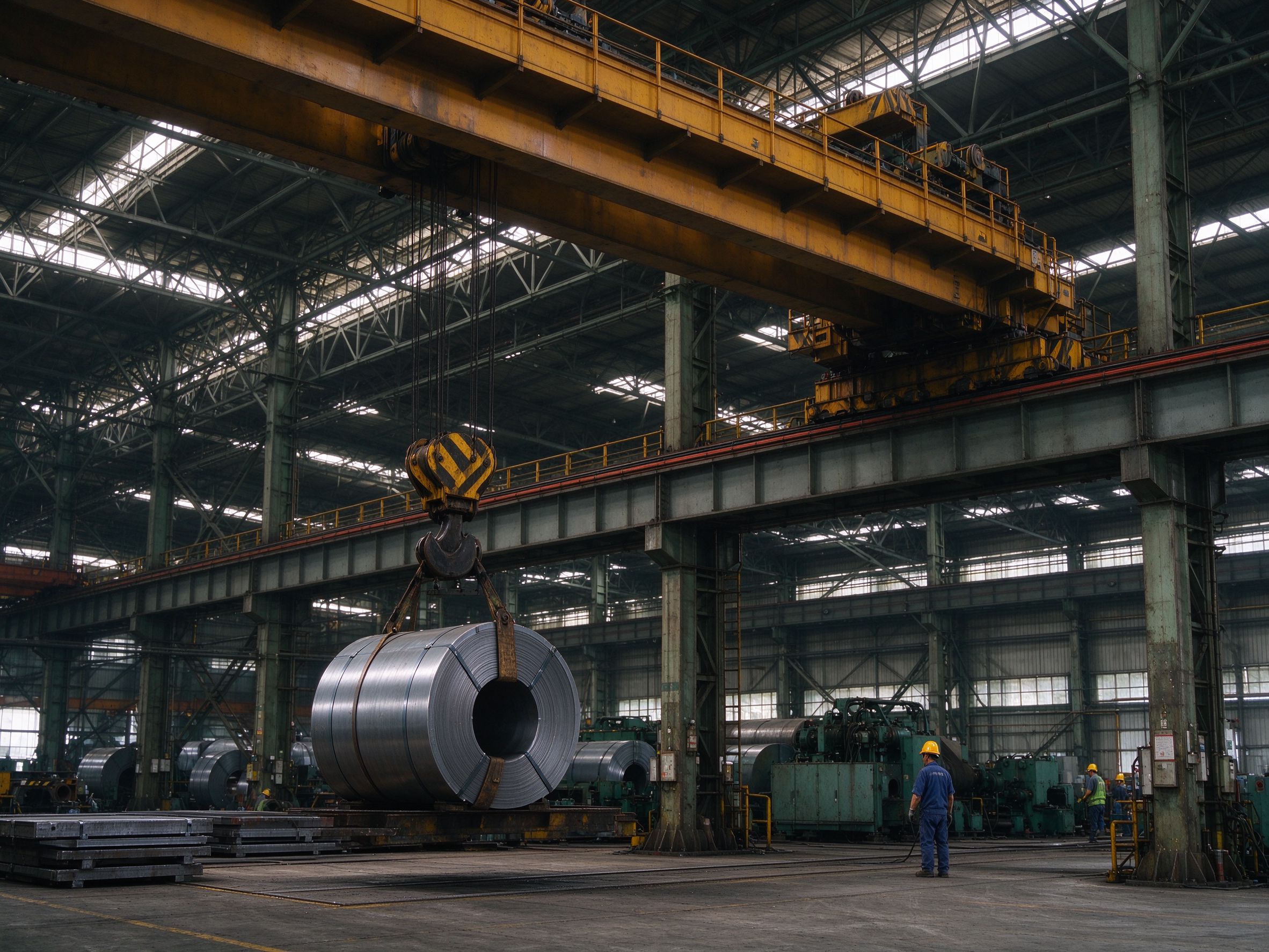 Heavy double-girder overhead crane lifting a steel coil (illustrative concept image)