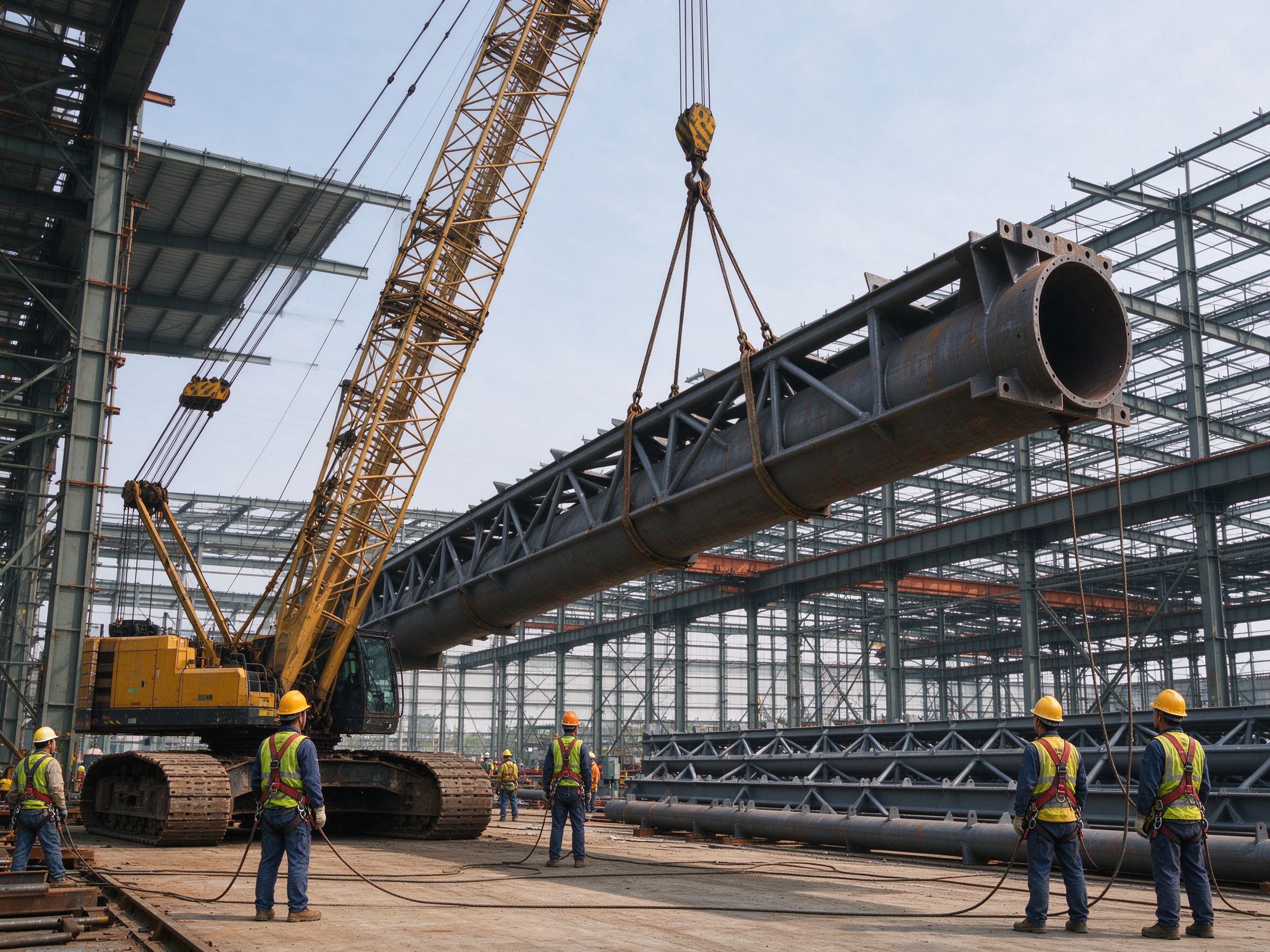 Heavy steel member erection with crane on site (illustrative concept image)