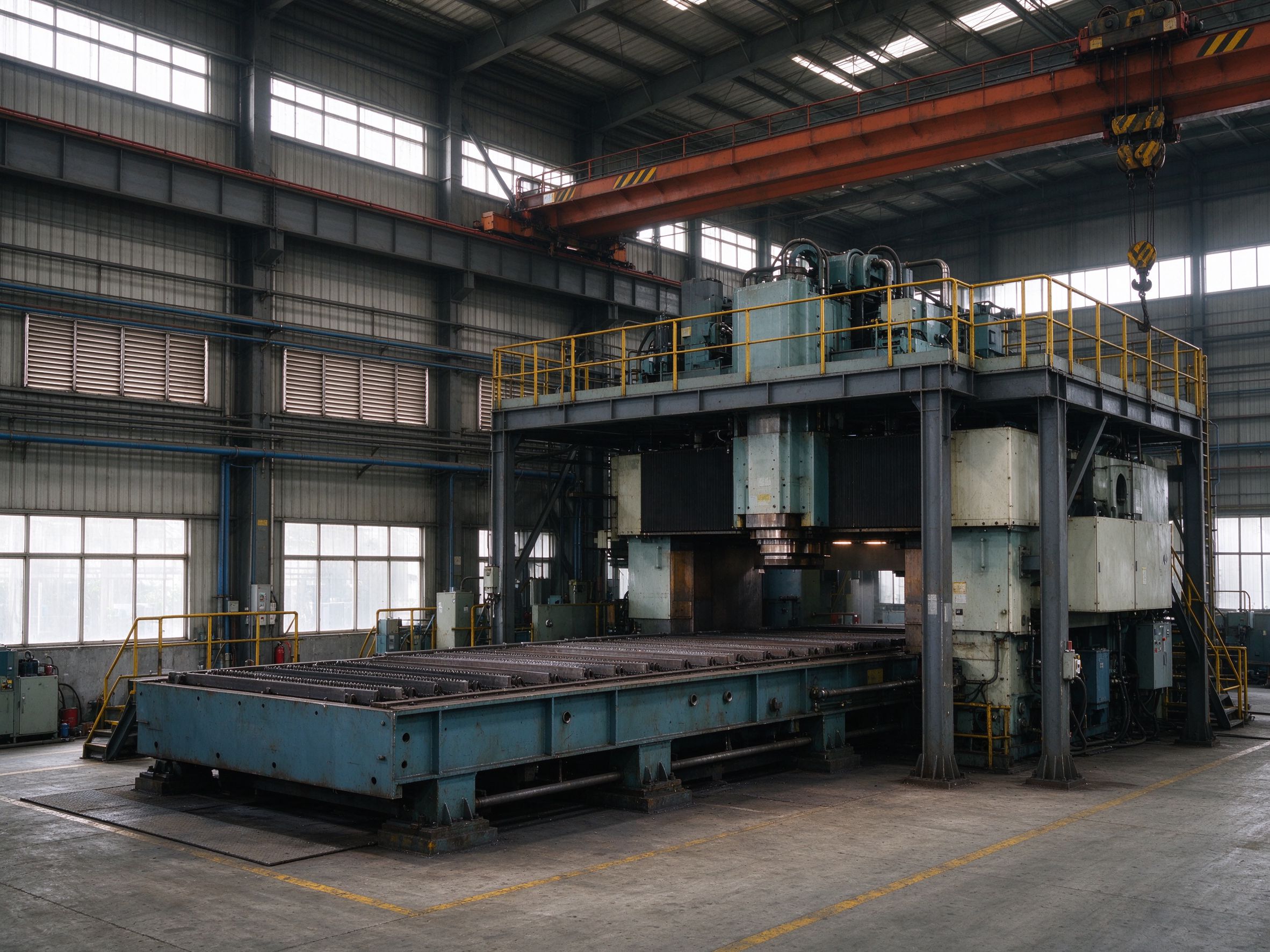 Interior of a heavy industrial building with equipment and platforms (illustrative concept image)