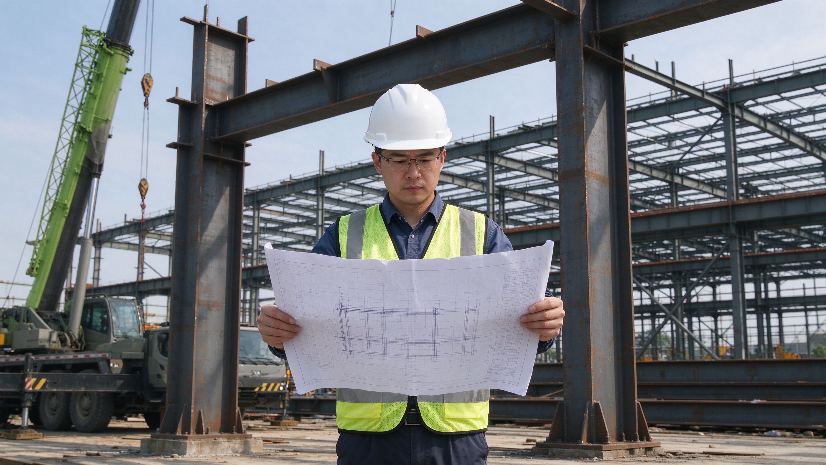 Engineer reviewing steel structure drawings at a construction site (illustrative concept image)