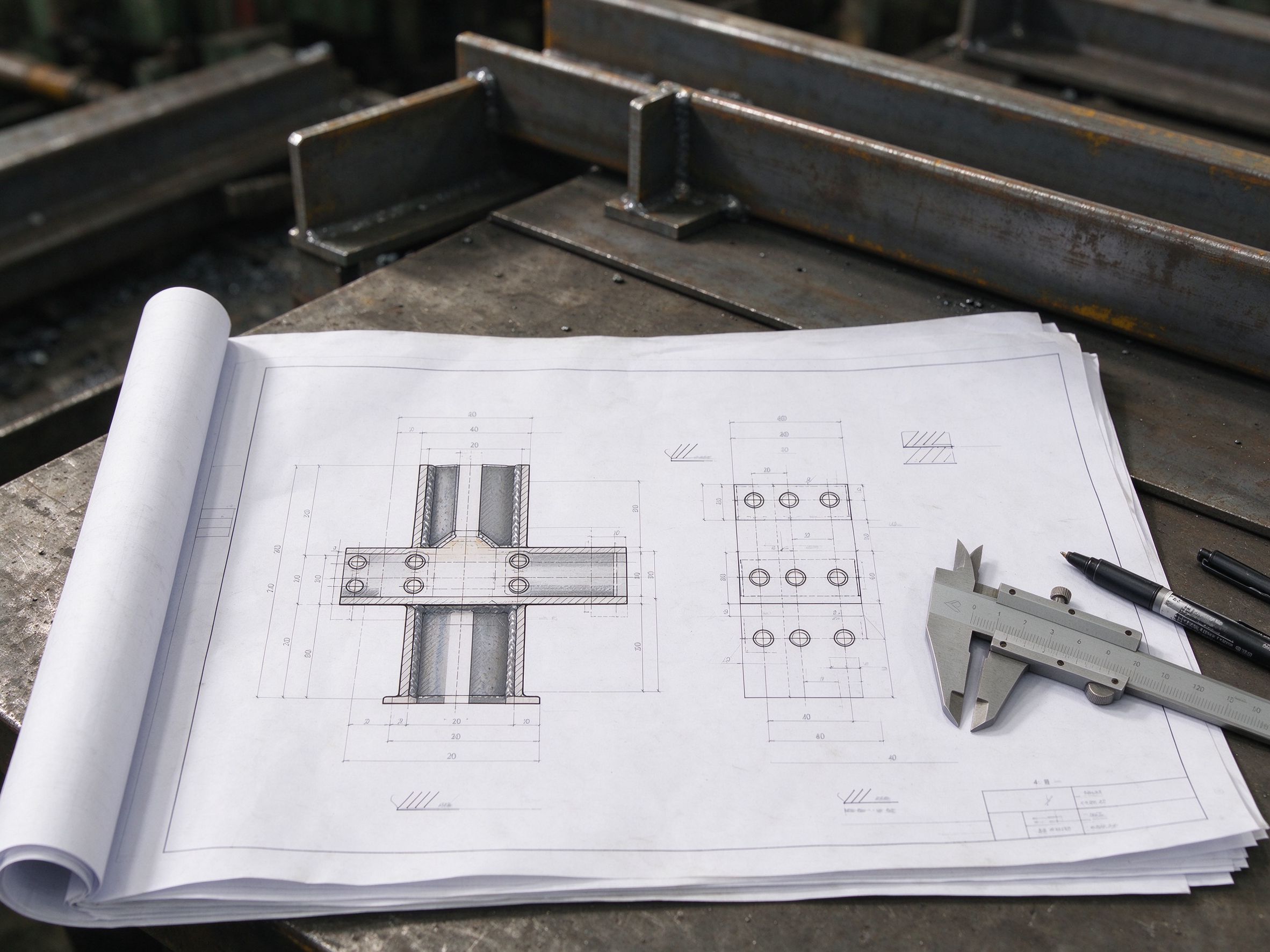 Connection detail drawing with caliper in a fabrication shop (illustrative concept image)