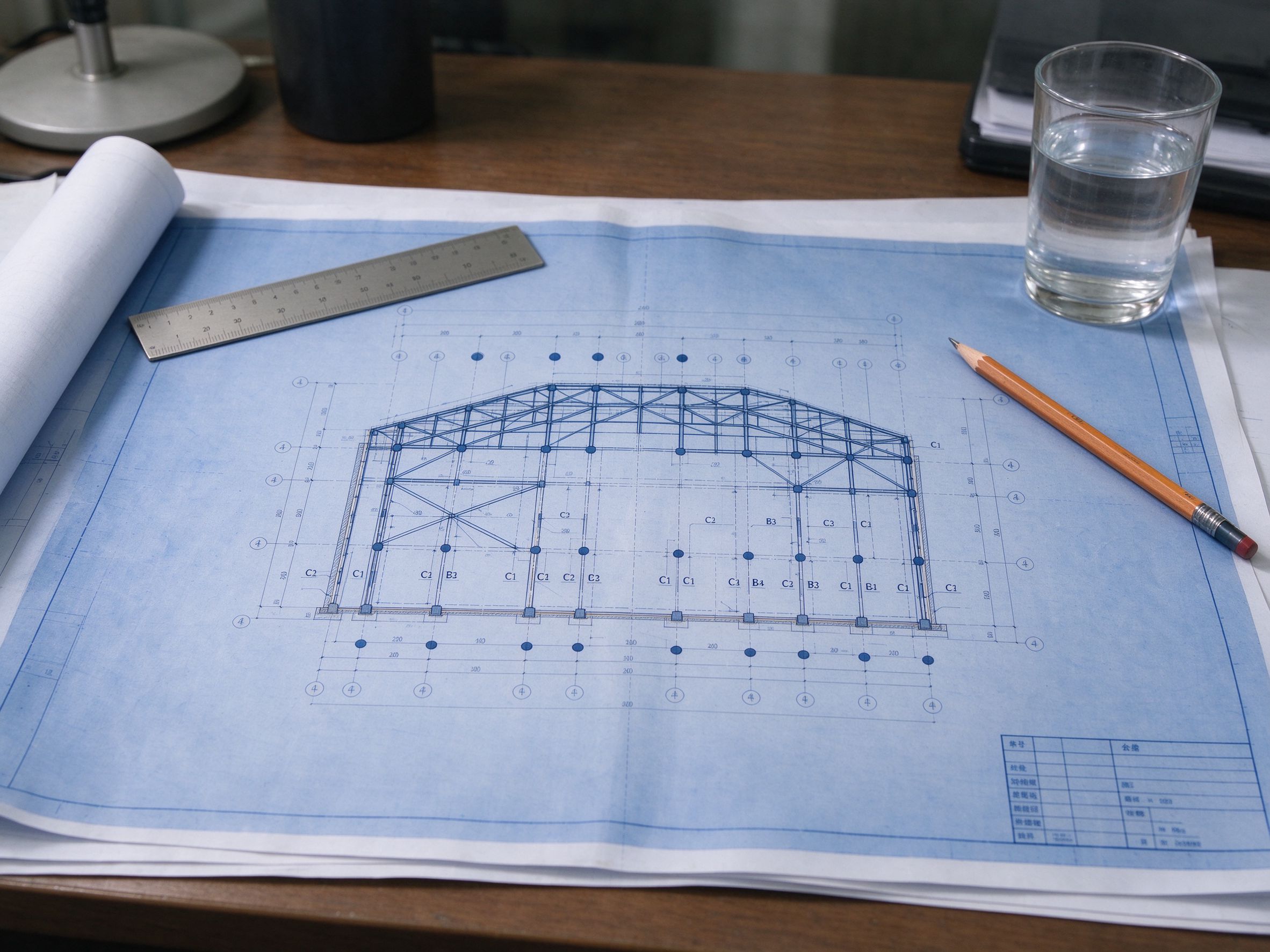 General arrangement drawing with scale rule and pencil on a desk (illustrative concept image)
