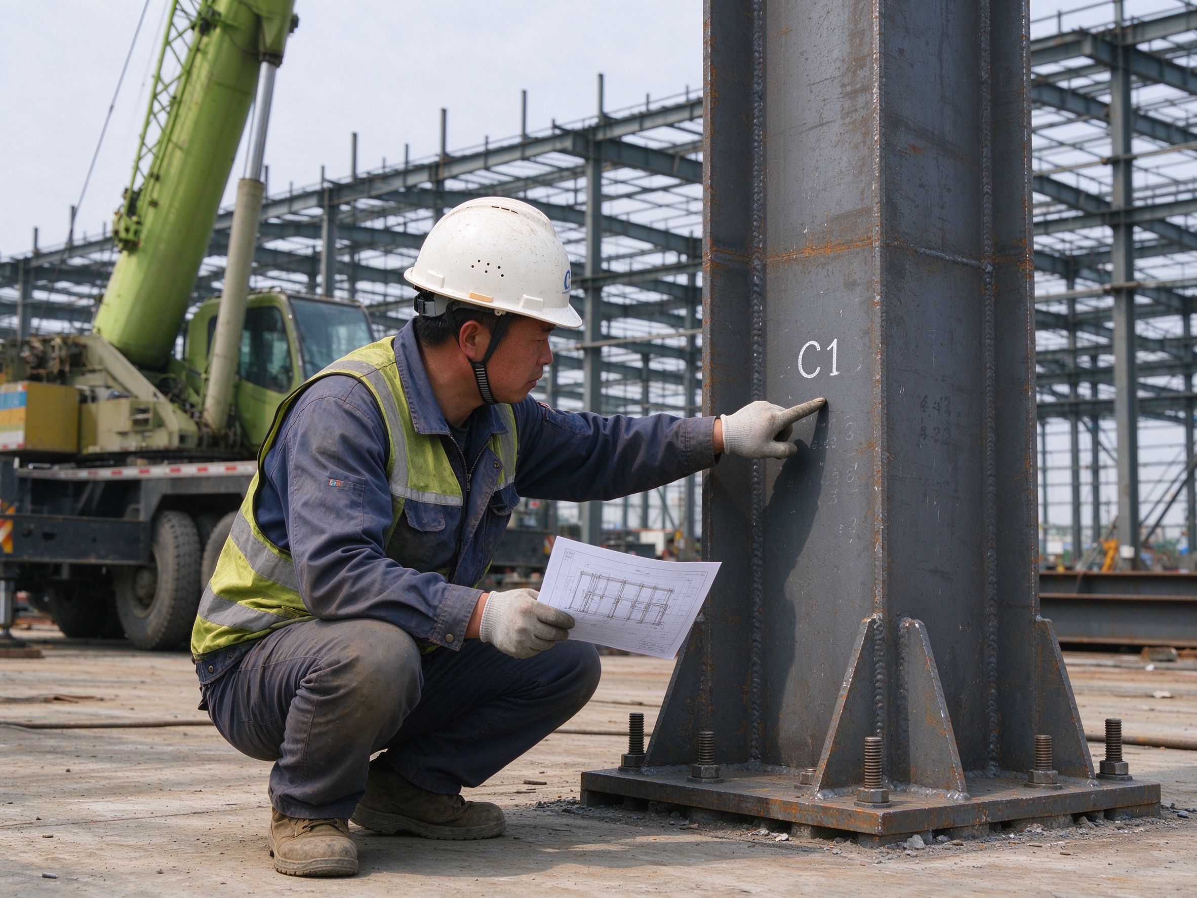Worker checking a member erection mark against the installation drawing (illustrative concept image)