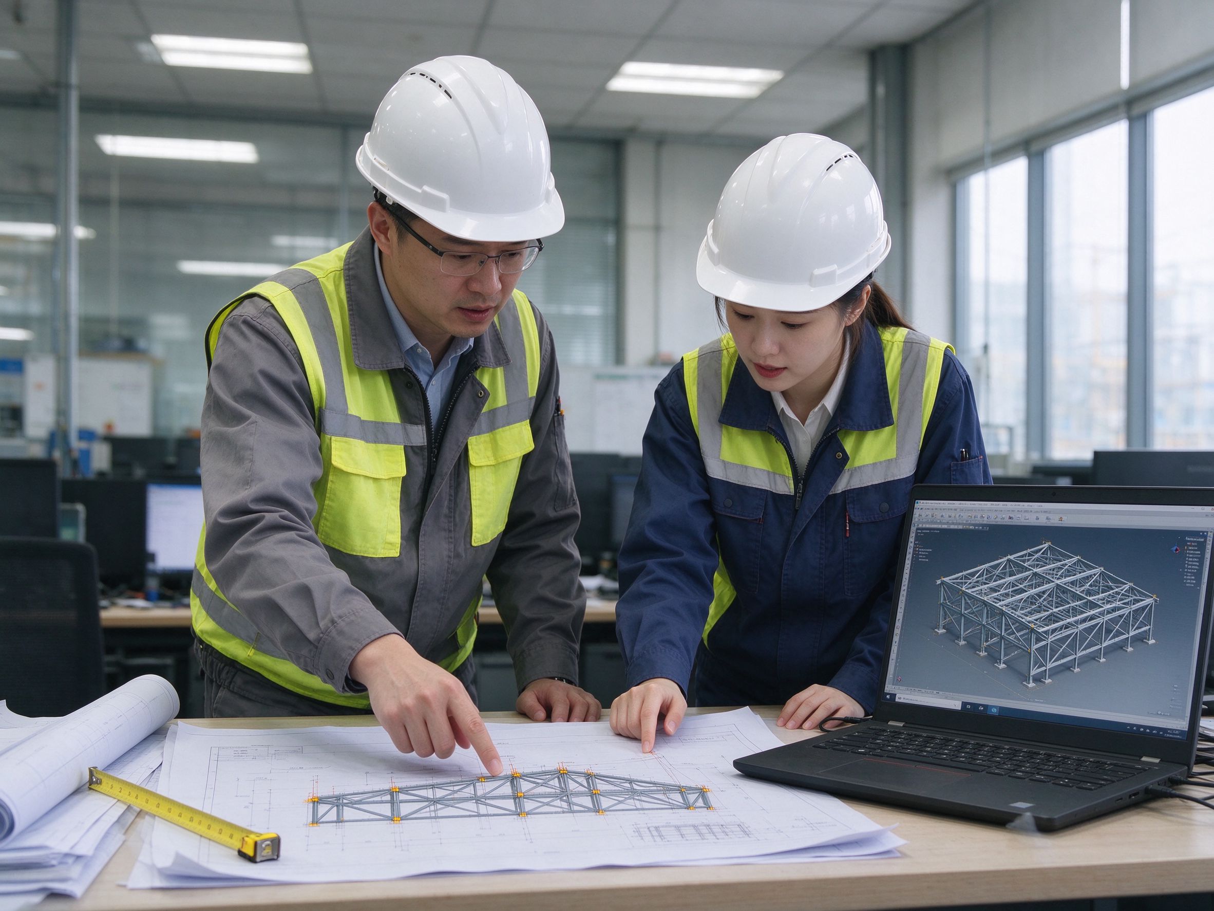 Engineers discussing steel drawings with a model on screen (illustrative concept image)