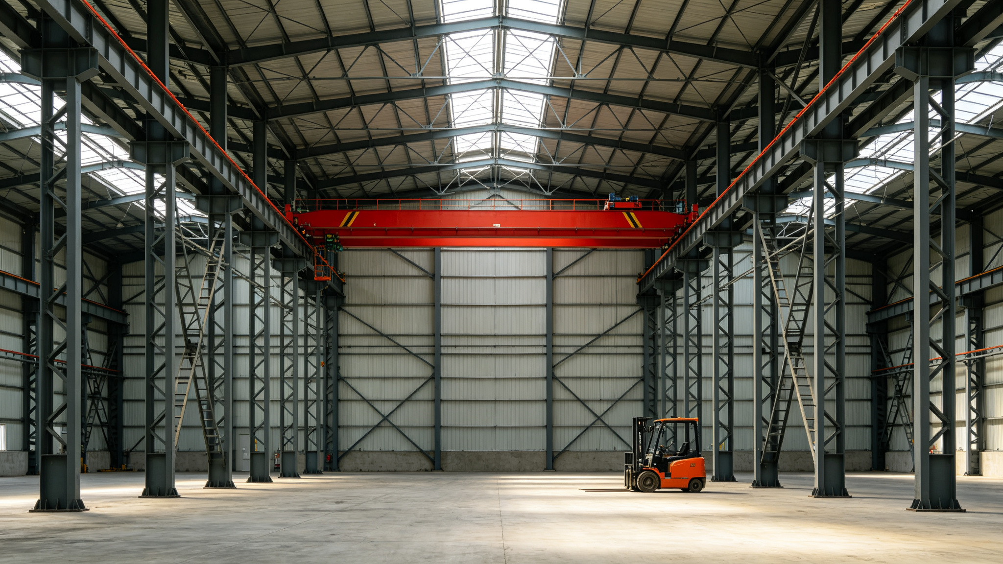 Wide view of a steel workshop interior with overhead crane and portal frame bracing