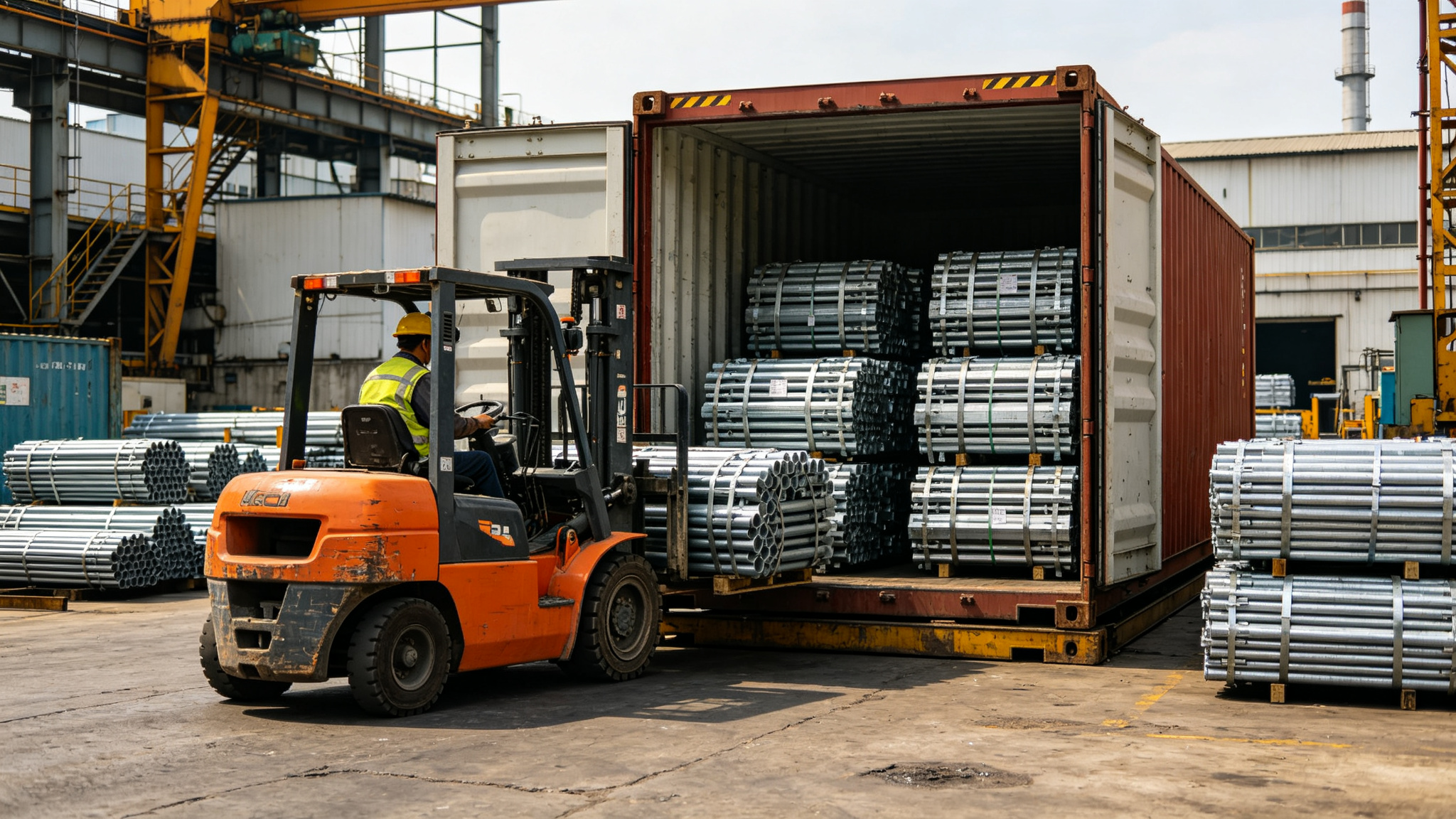 Forklift loading bundled steel members into a container