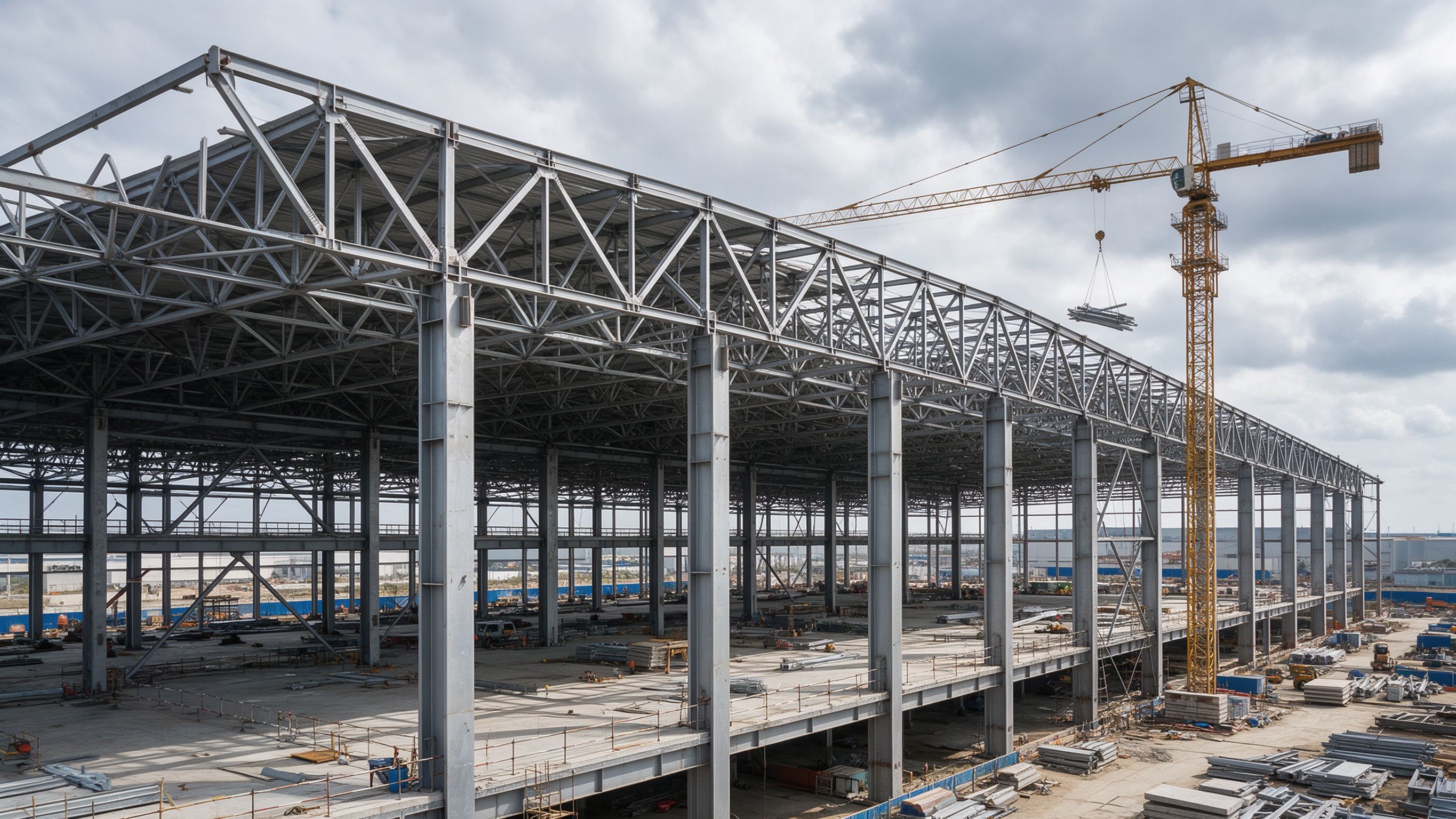 Truss-frame steel structure under construction with tower crane lifting truss girders