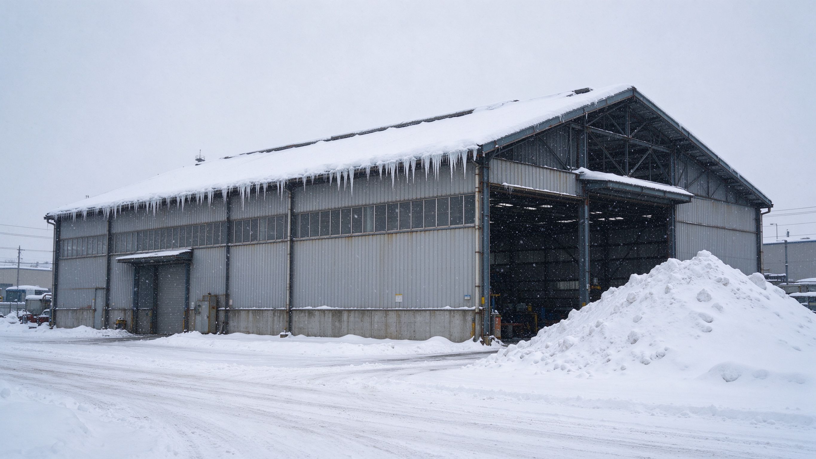 Steel building under snow in winter (illustrative concept image)
