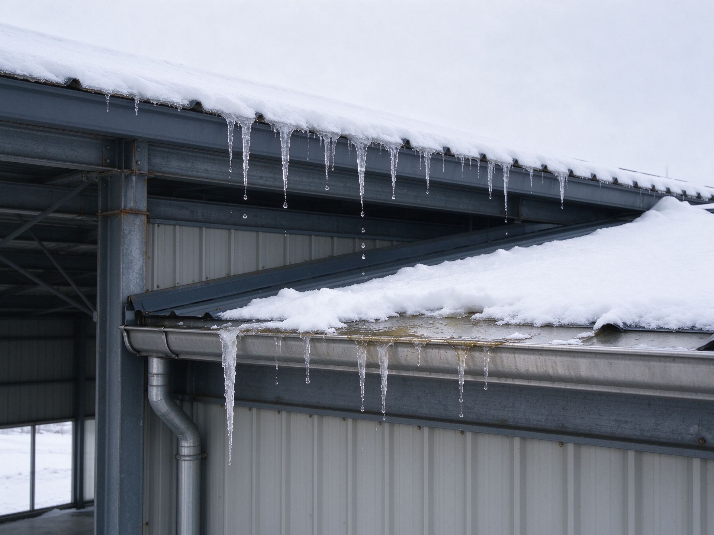 Eaves and roof drainage under melting snow (illustrative concept image)