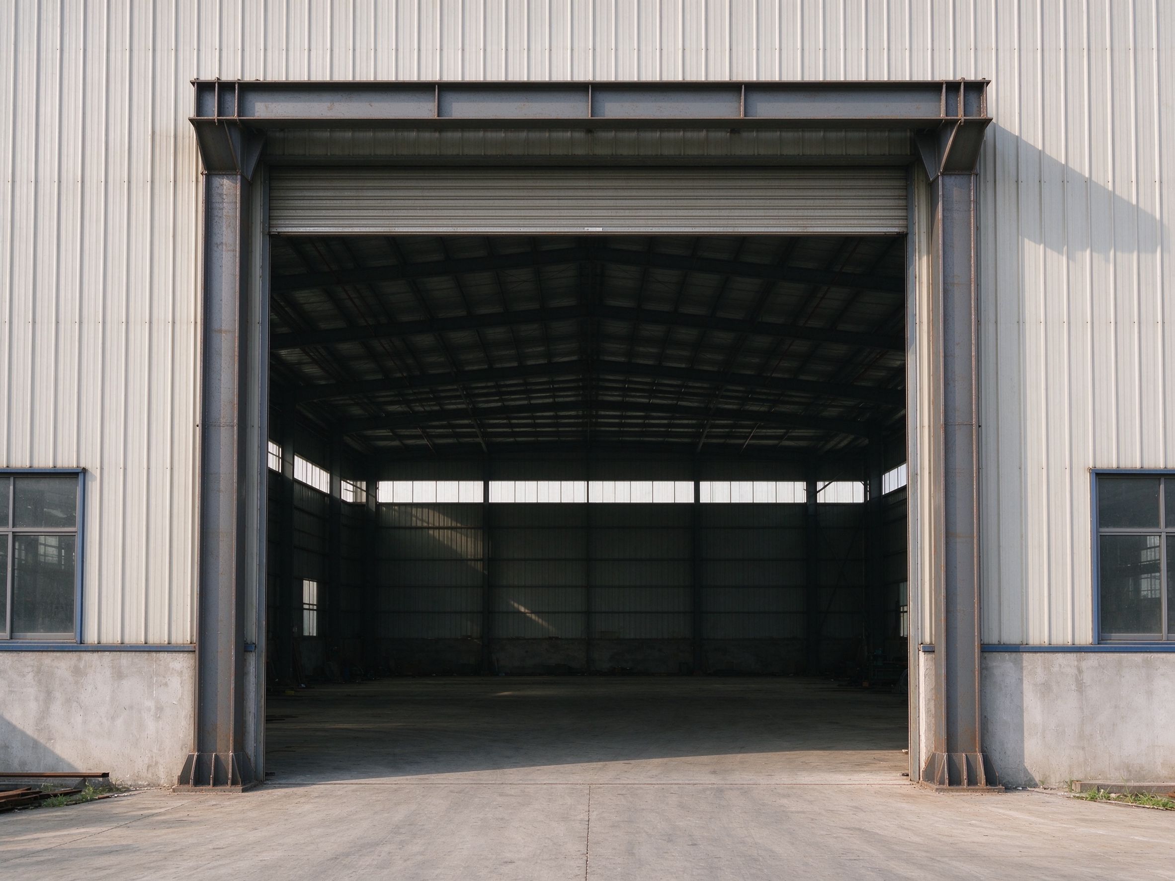 Portal frame around a large opening in a steel building (illustrative concept image)