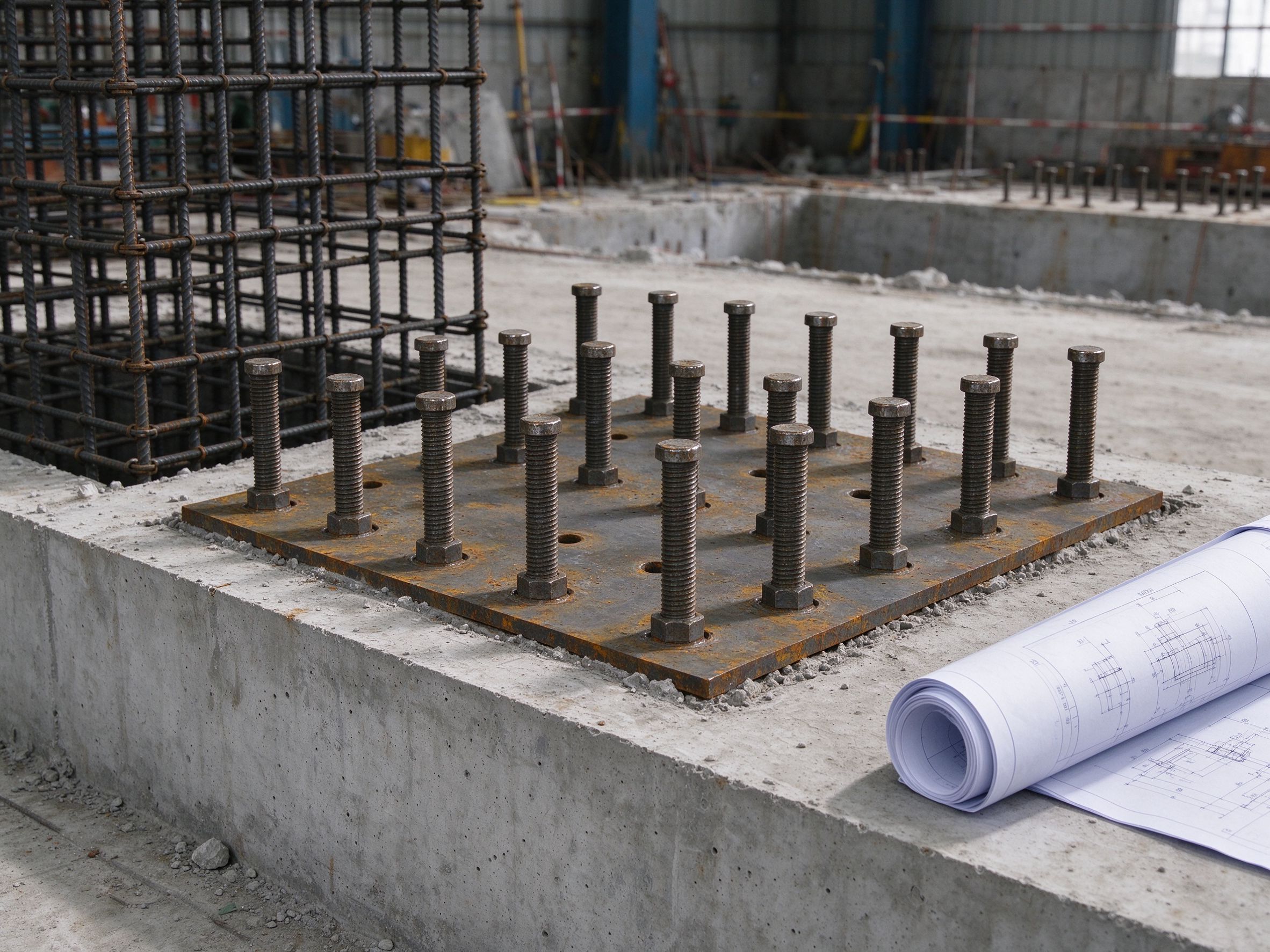 Anchor bolts and embedments for machine foundations (illustrative concept image)