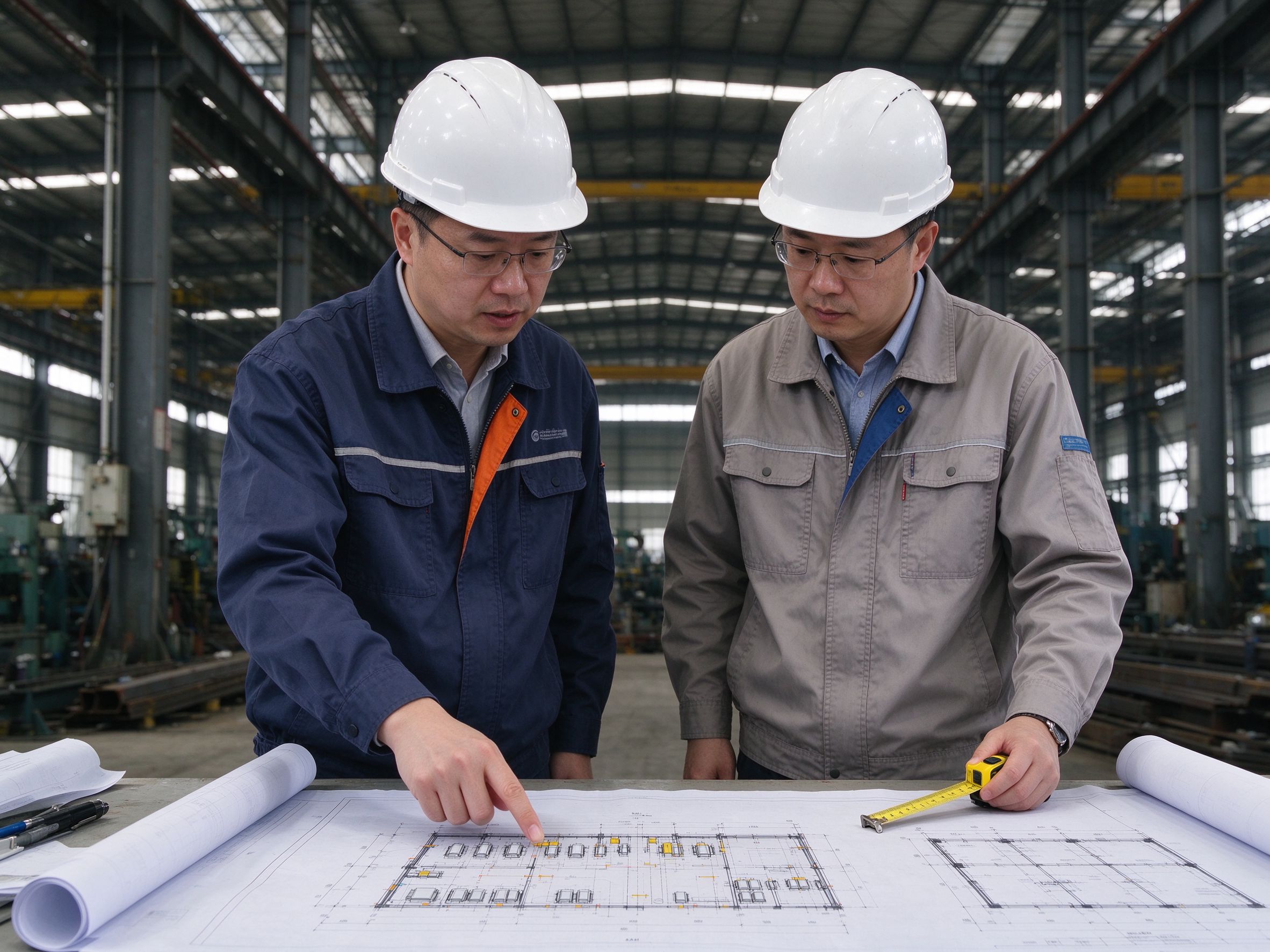 Engineers reviewing equipment layout against the column grid (illustrative concept image)