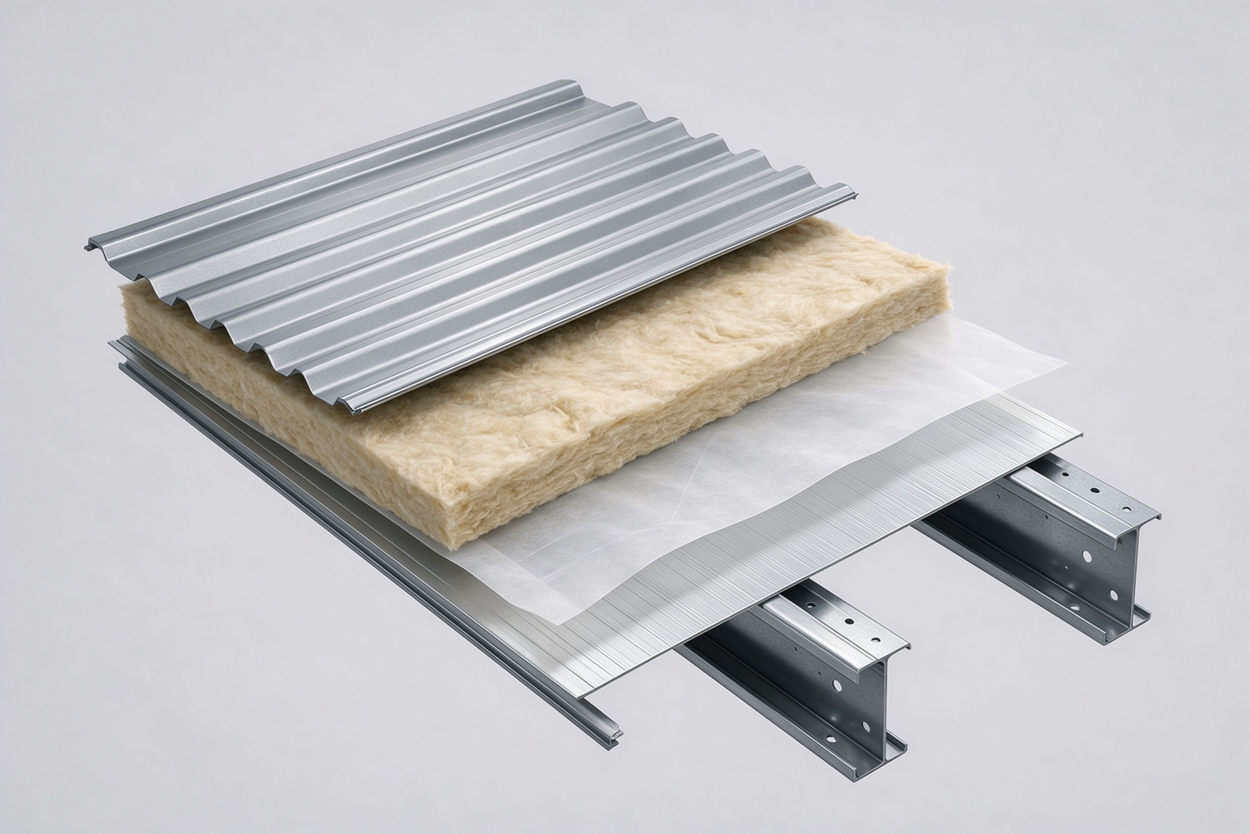 Cross-section layers of a metal building roof and wall assembly