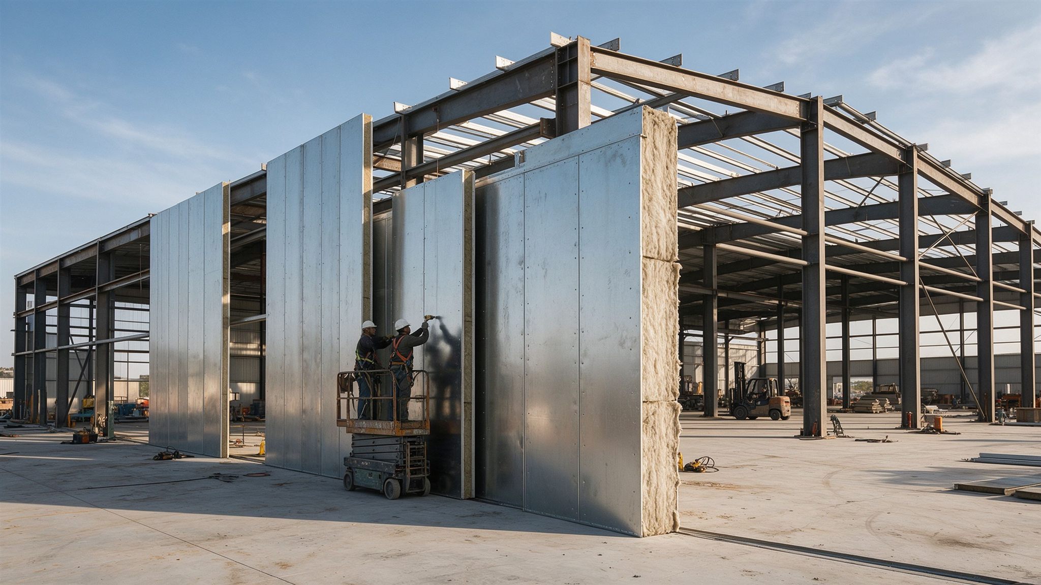 Workers on a scissor lift installing insulated sandwich wall panels