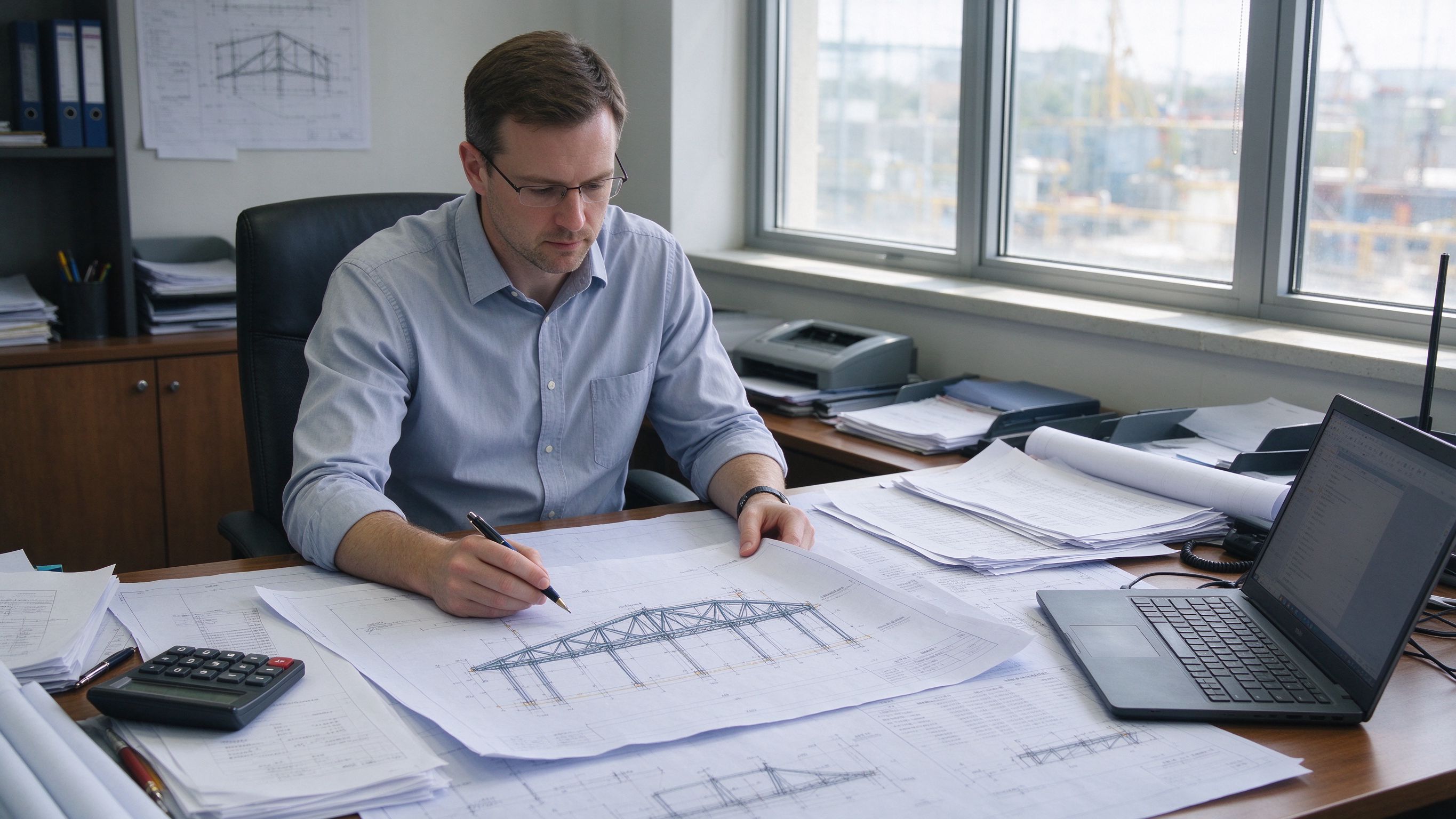 Engineer reviewing a steel building technical specification and drawings (illustrative concept image)