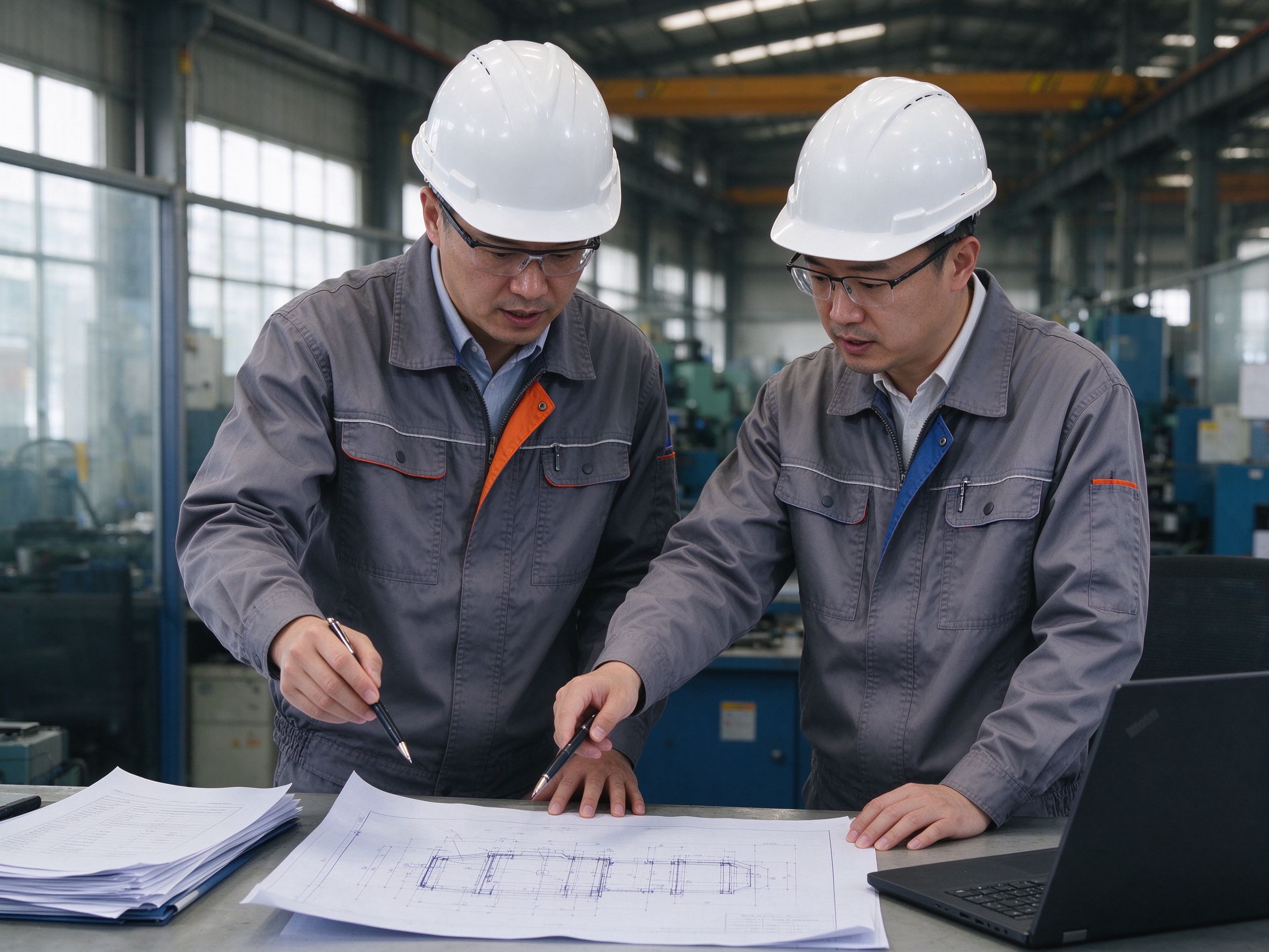 Engineers cross-checking drawings against the specification (illustrative concept image)