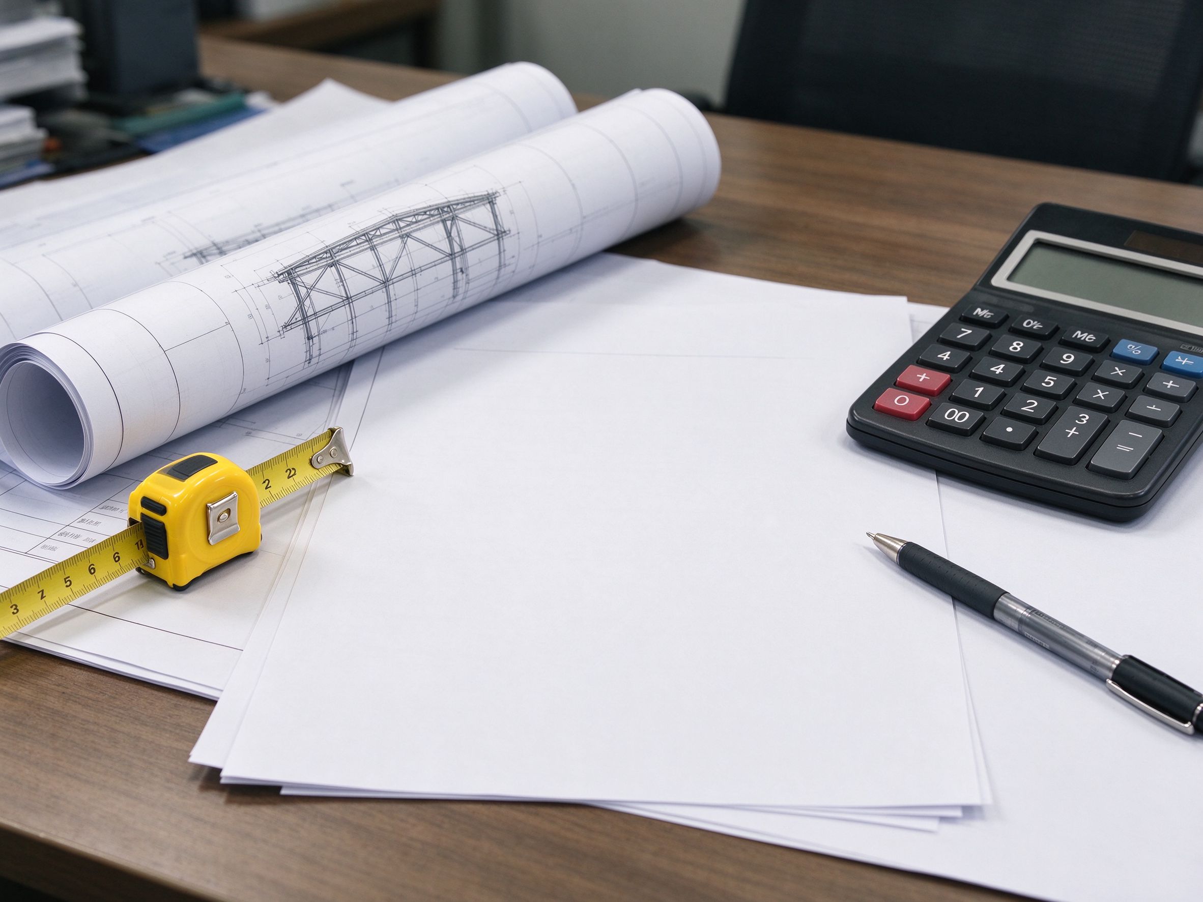 Specification documents, drawings and tools on an engineer's desk (illustrative concept image)