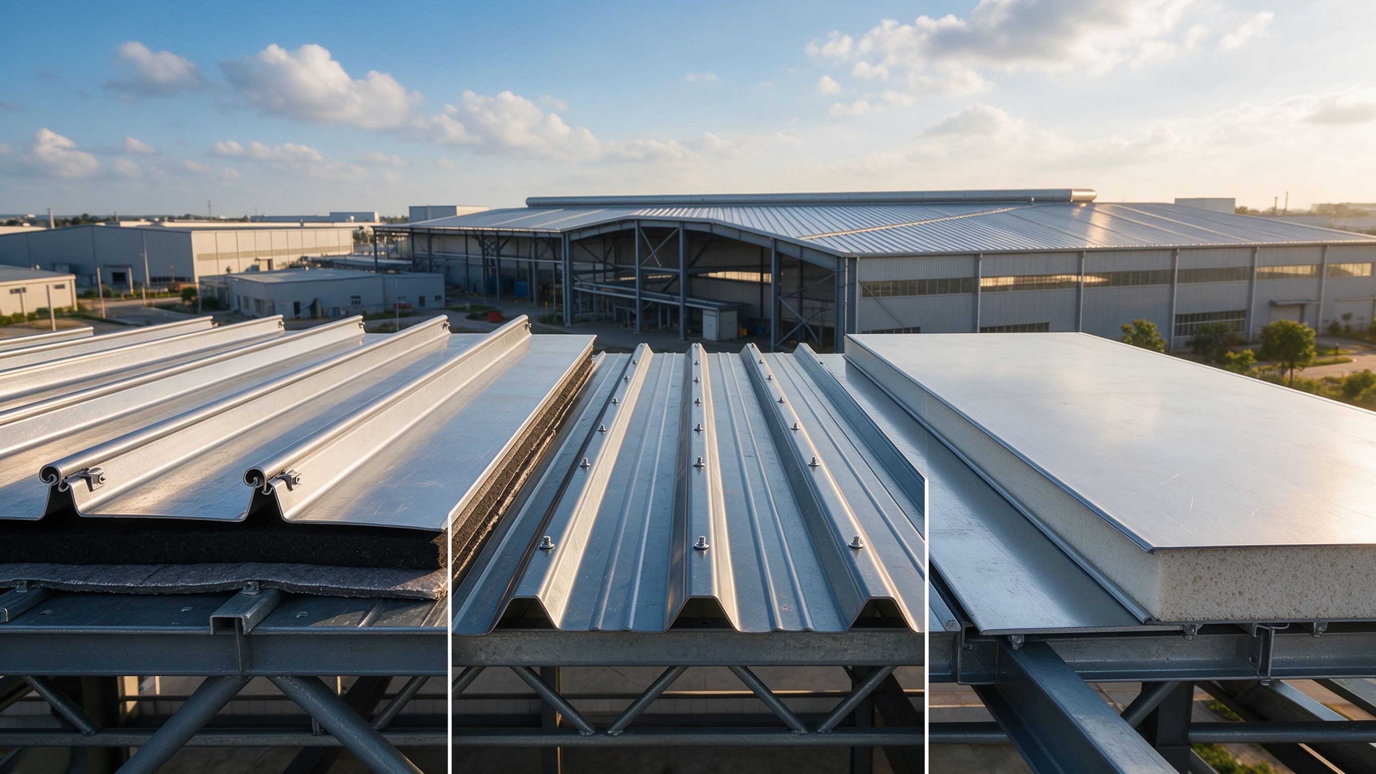 Illustration comparing standing seam, trapezoidal and sandwich panel roof constructions