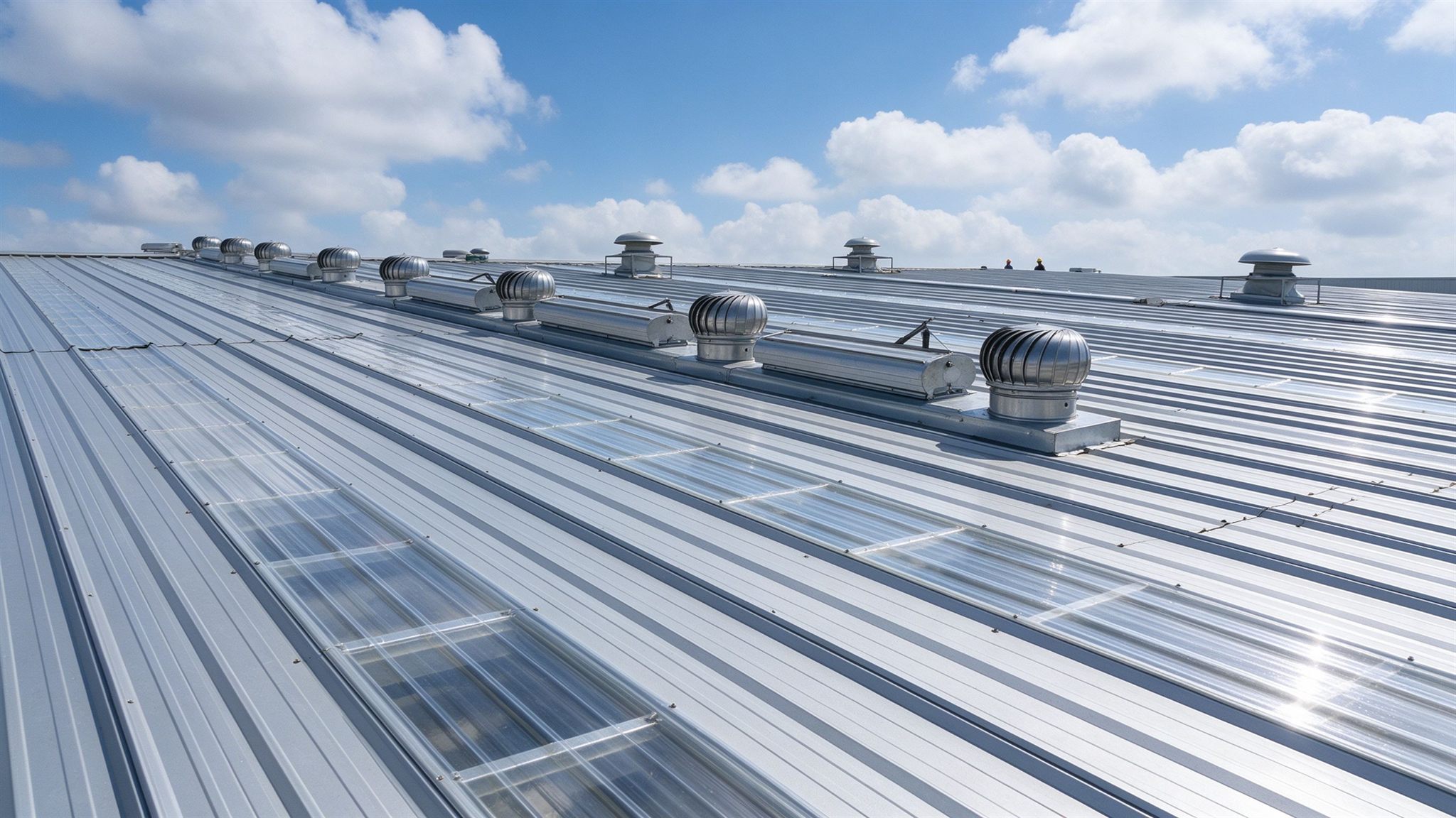 Roof ventilation and skylight integrated into a steel building roof