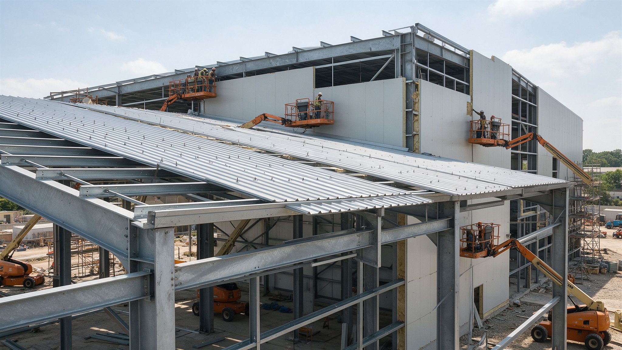 White sandwich wall panels and metal roof sheeting being installed on a steel building
