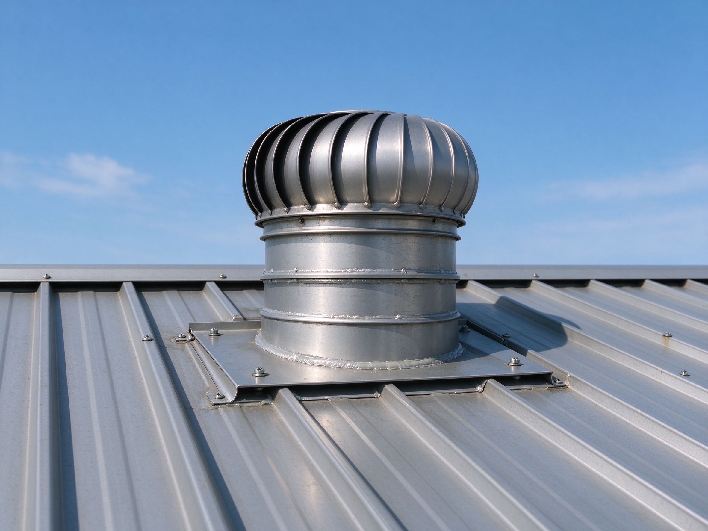Roof ventilator curb with flashing on a metal roof (illustrative concept image)