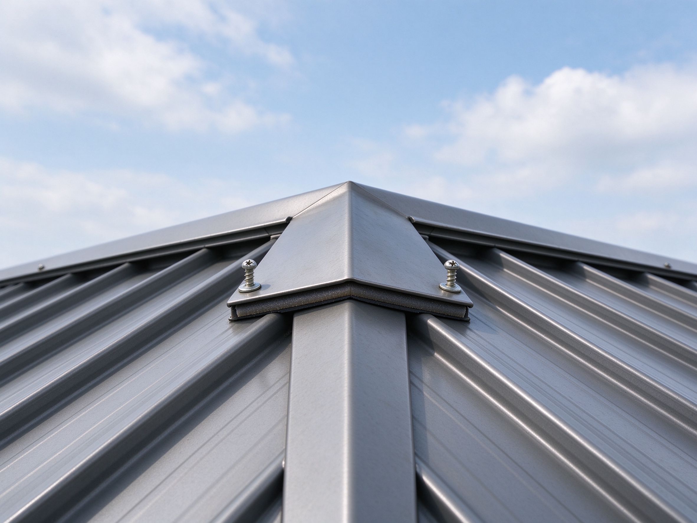 Ridge cap and sealing detail on a metal roof (illustrative concept image)