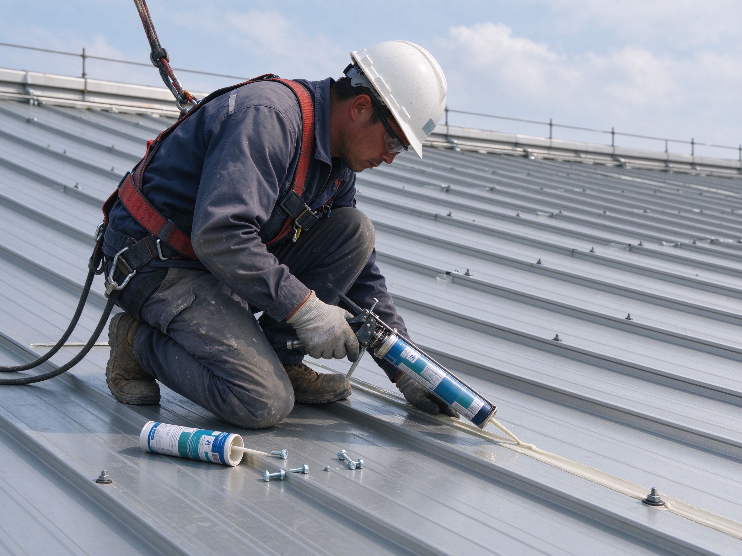 Worker installing sealant and fasteners on a metal roof (illustrative concept image)