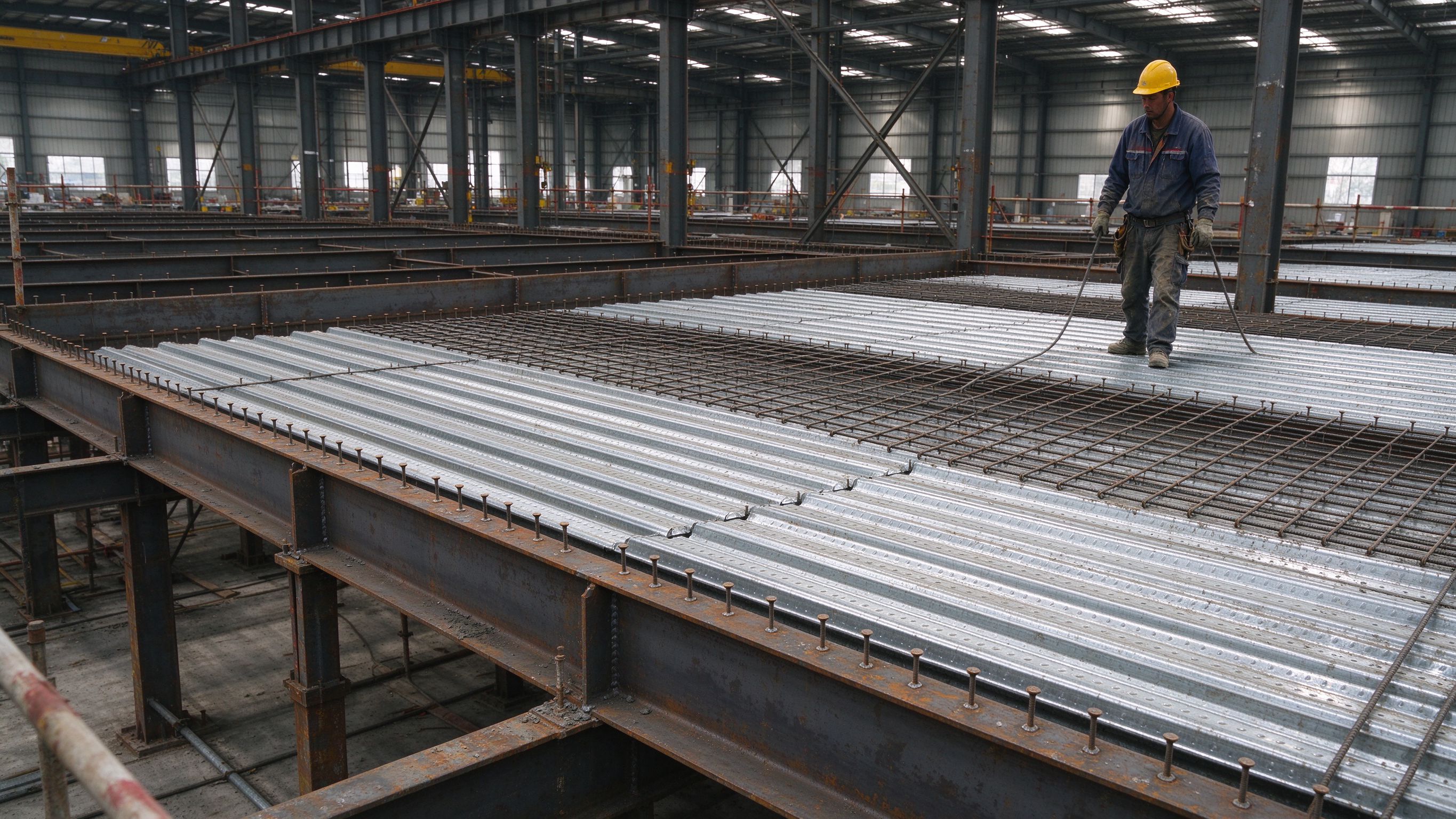 Steel deck and composite floor under construction (illustrative concept image)