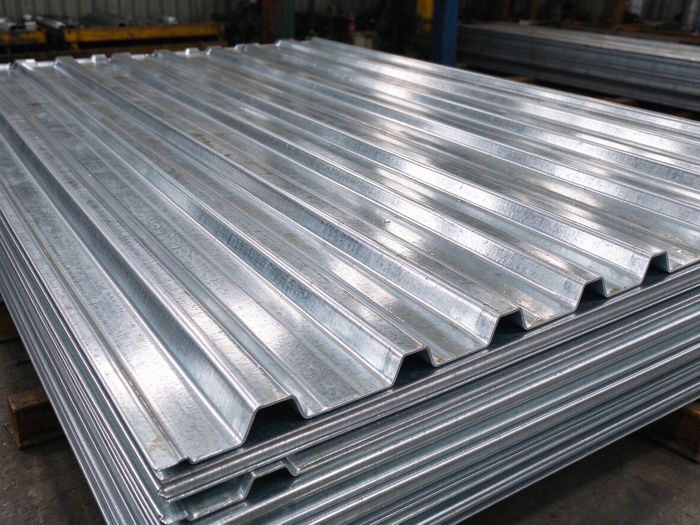 Steel deck sheets stacked on site (illustrative concept image)