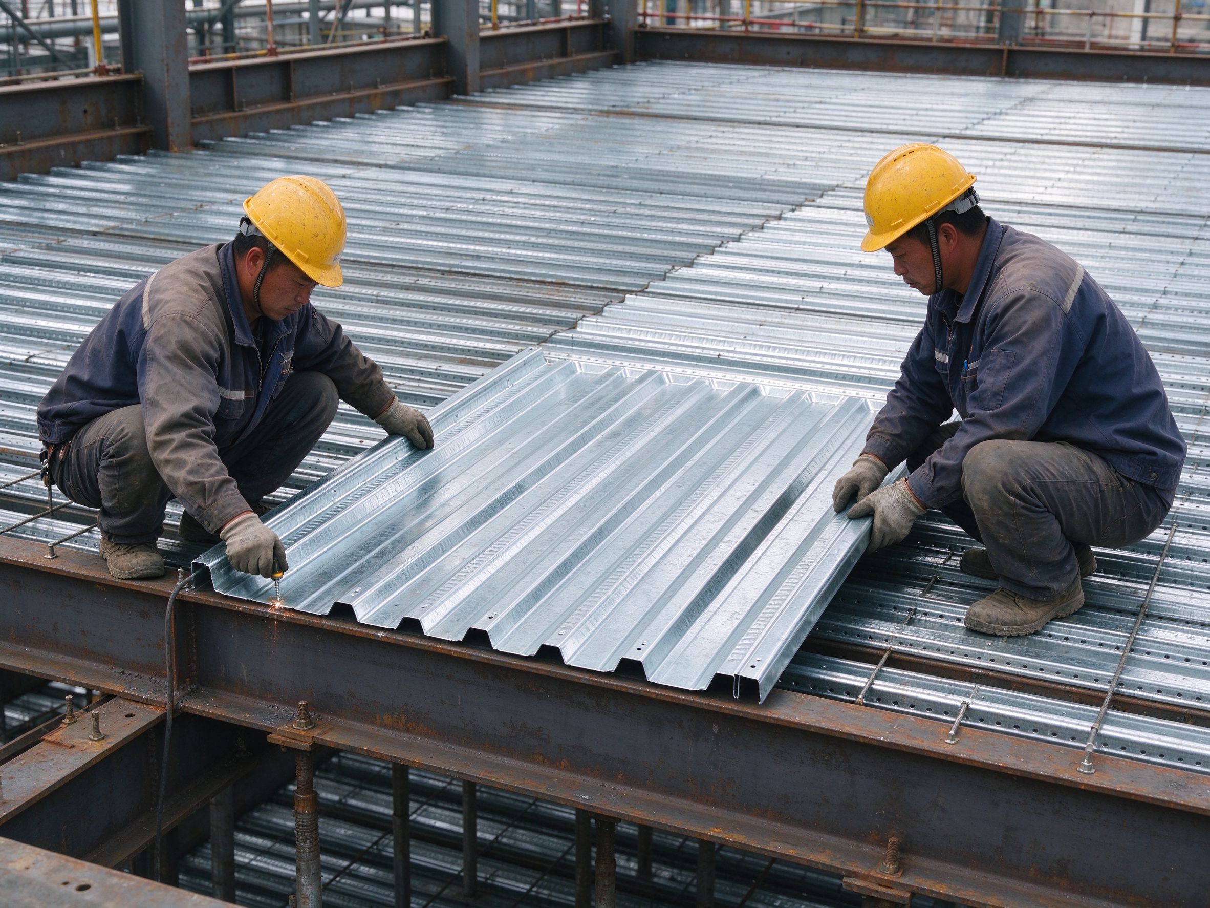 Workers laying steel decking on the floor beams (illustrative concept image)
