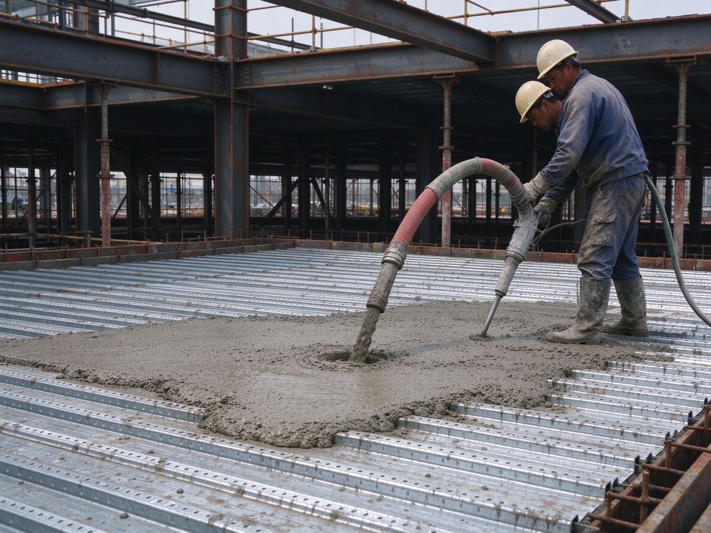 Concrete topping being poured on the steel deck (illustrative concept image)