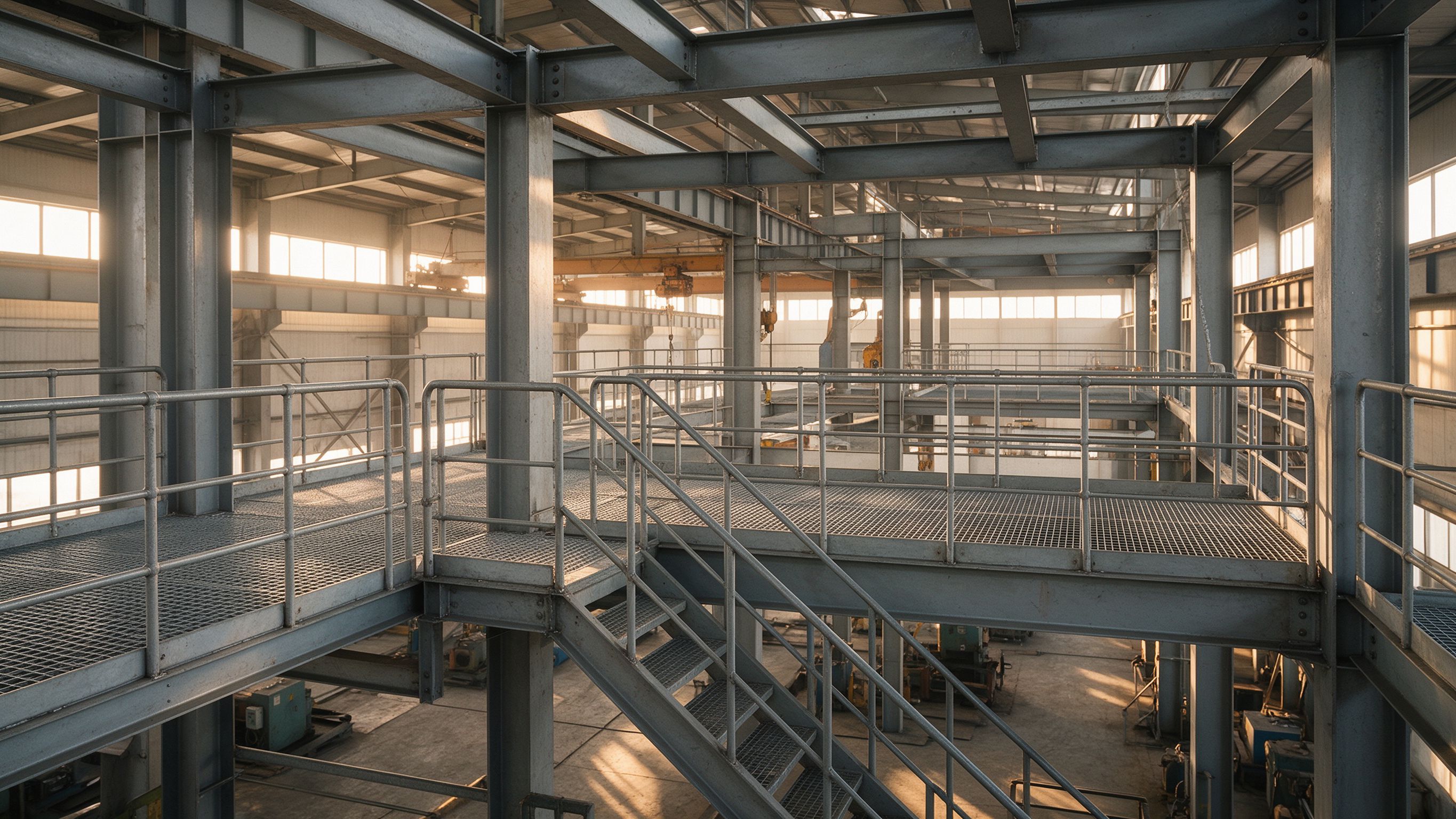 Multi-level industrial steel platform and mezzanine with grating deck, steel stairs and handrails inside a manufacturing workshop