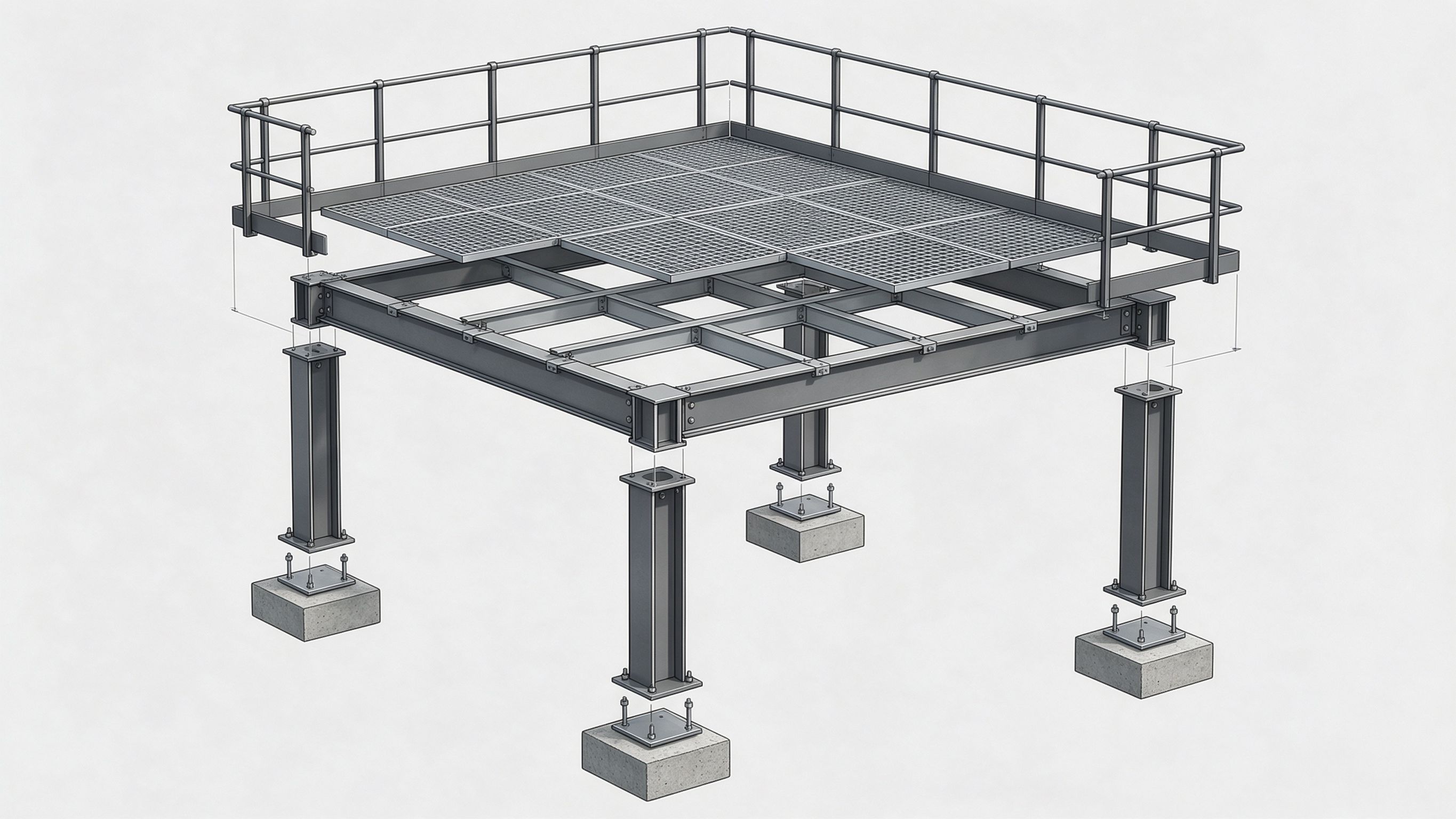 Exploded engineering diagram of a steel platform showing footings, base plates, columns, primary and secondary beams, grating deck and handrails