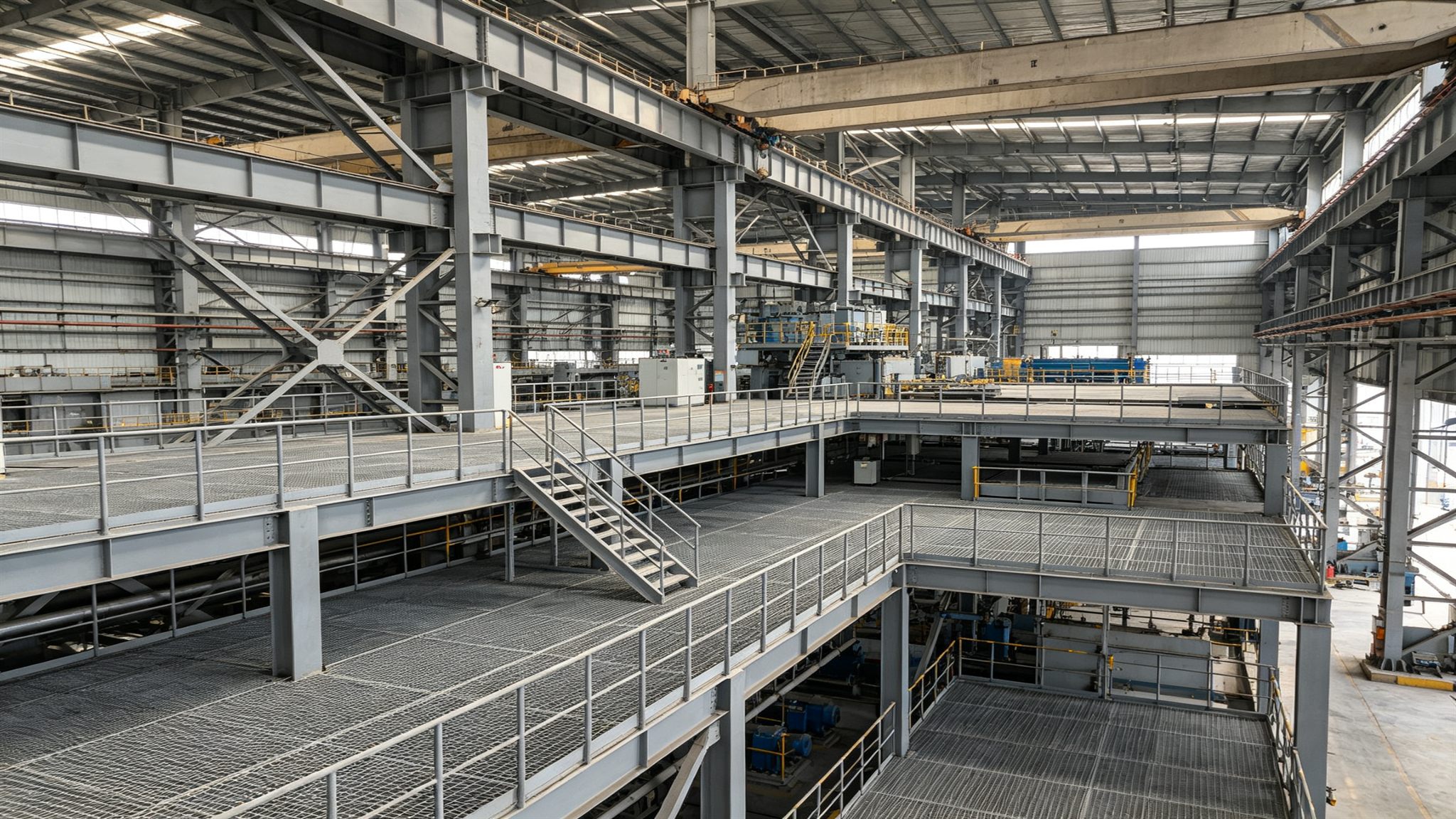 Multi-level industrial steel mezzanine platform with grating deck, steel stairs and handrails inside a factory