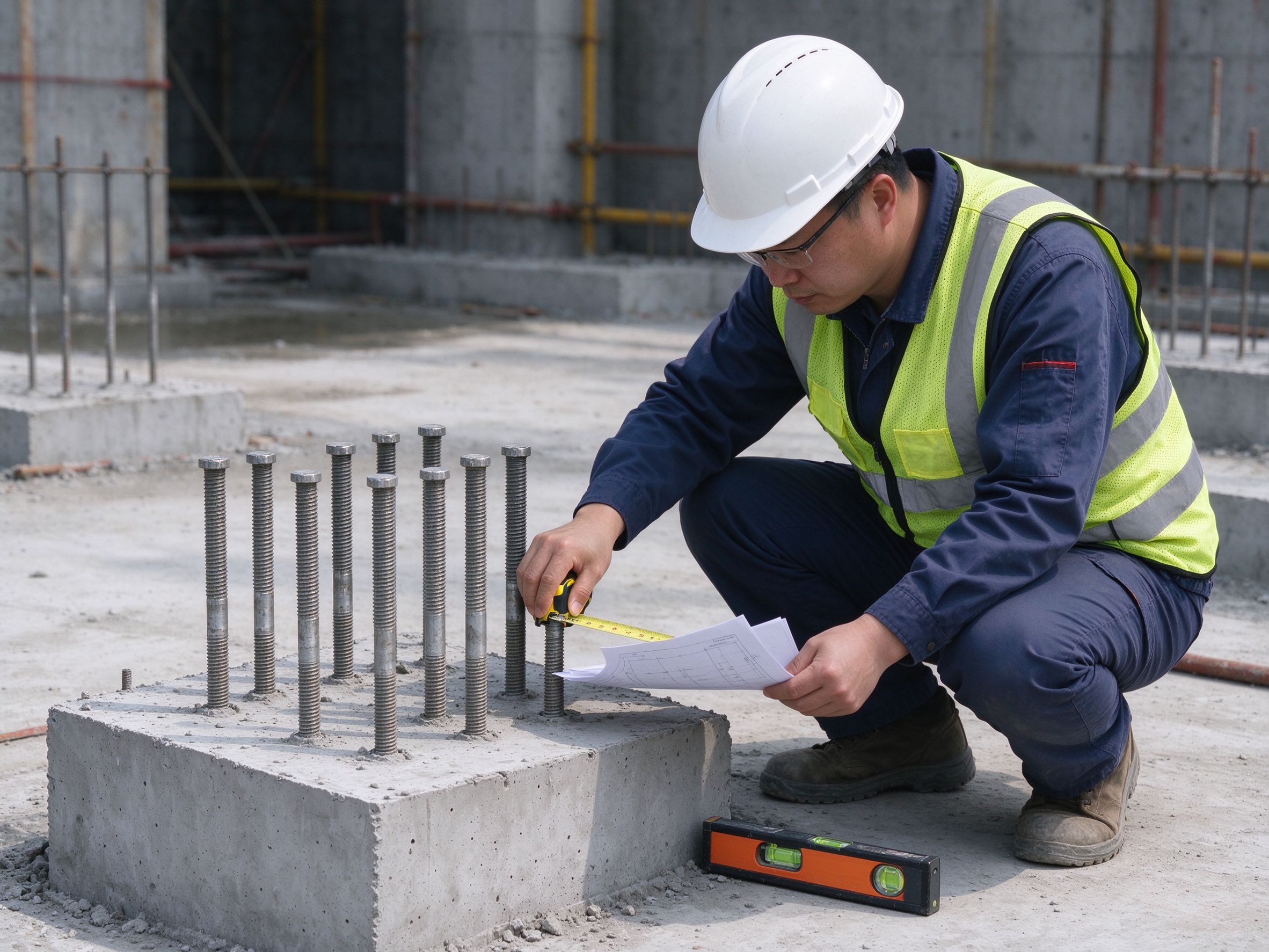 Engineer checking anchor bolt protrusion with a tape measure after the pour (illustrative concept image)