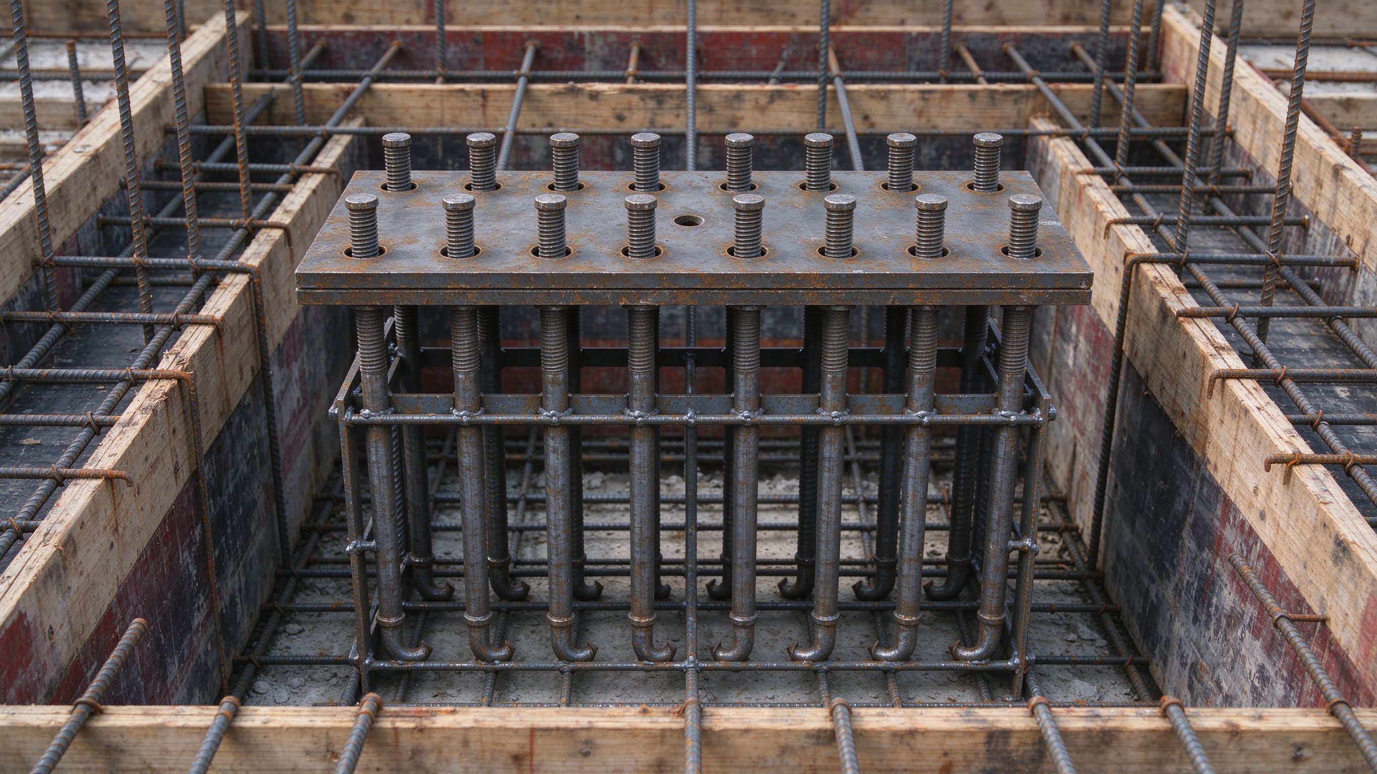 Anchor bolt cage with setting template before concrete pour (illustrative concept image)