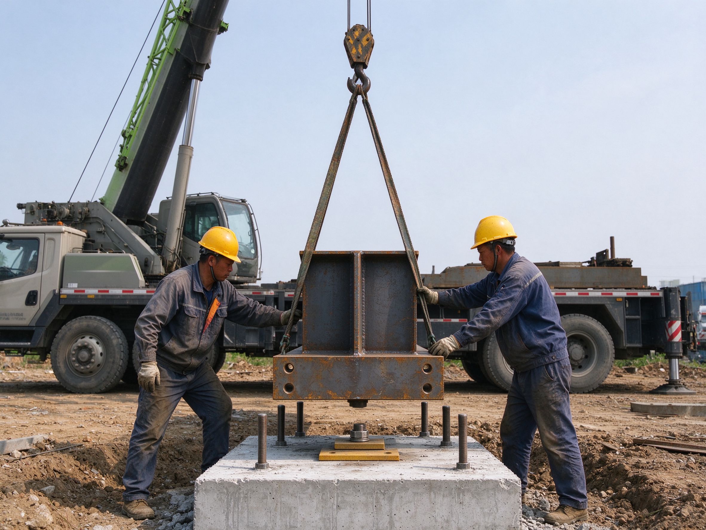 Crane placing a steel column onto anchor bolts with workers guiding the base plate (illustrative concept image)