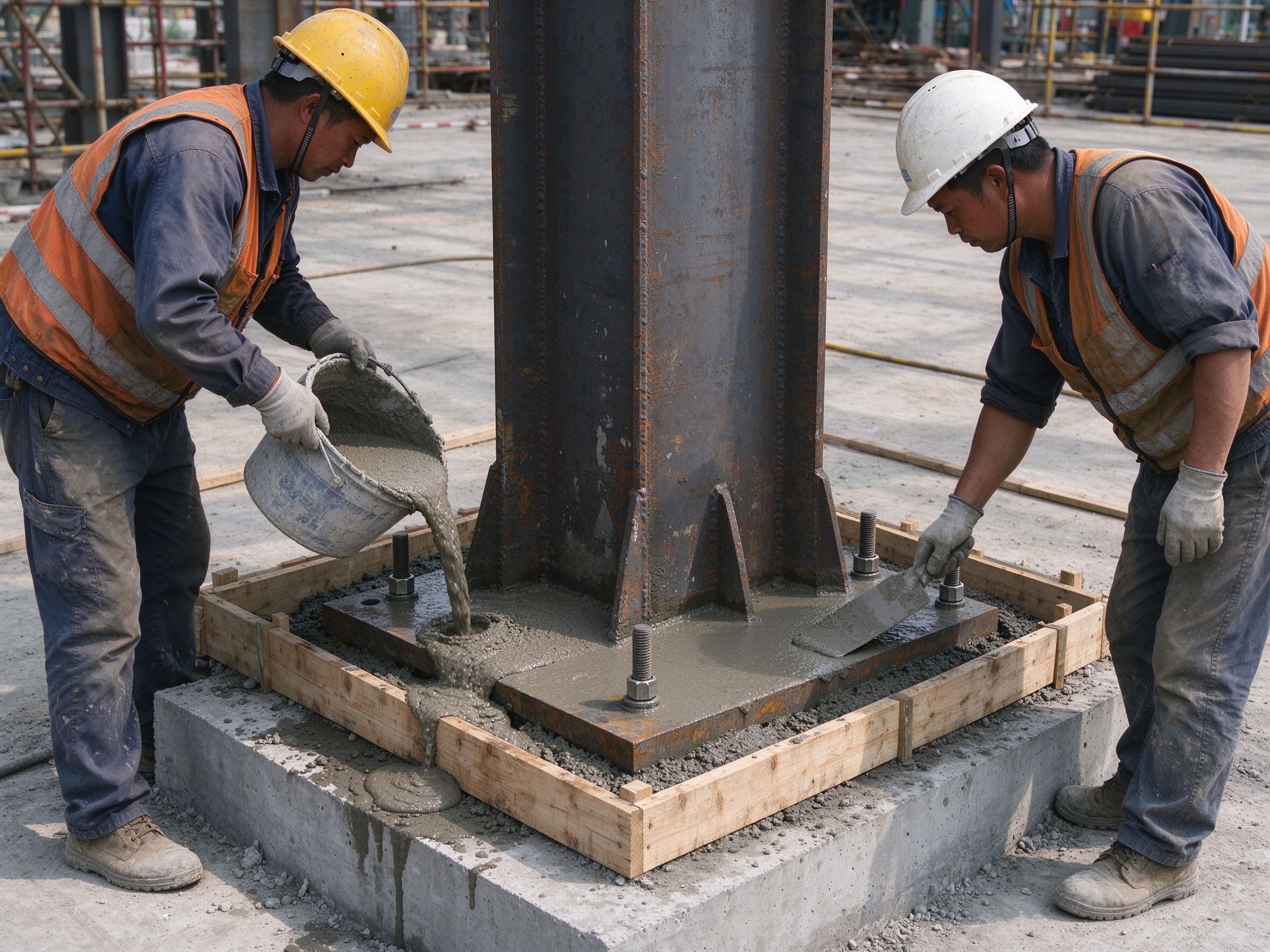 Workers grouting a steel column base plate (illustrative concept image)