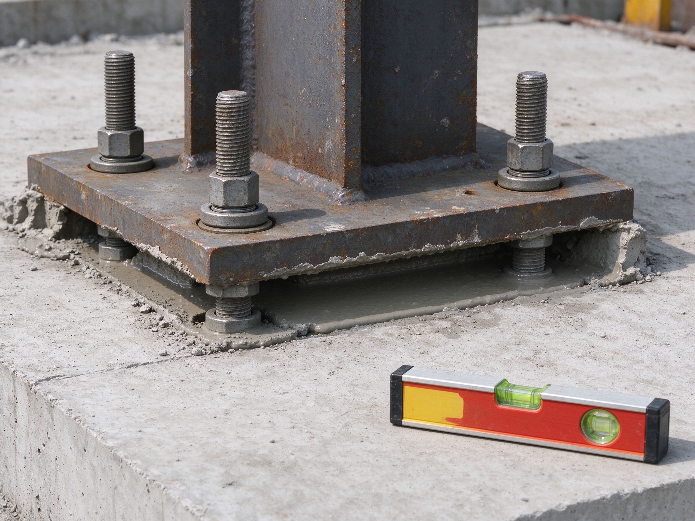 Leveling nuts and shims under a column base plate with a spirit level (illustrative concept image)