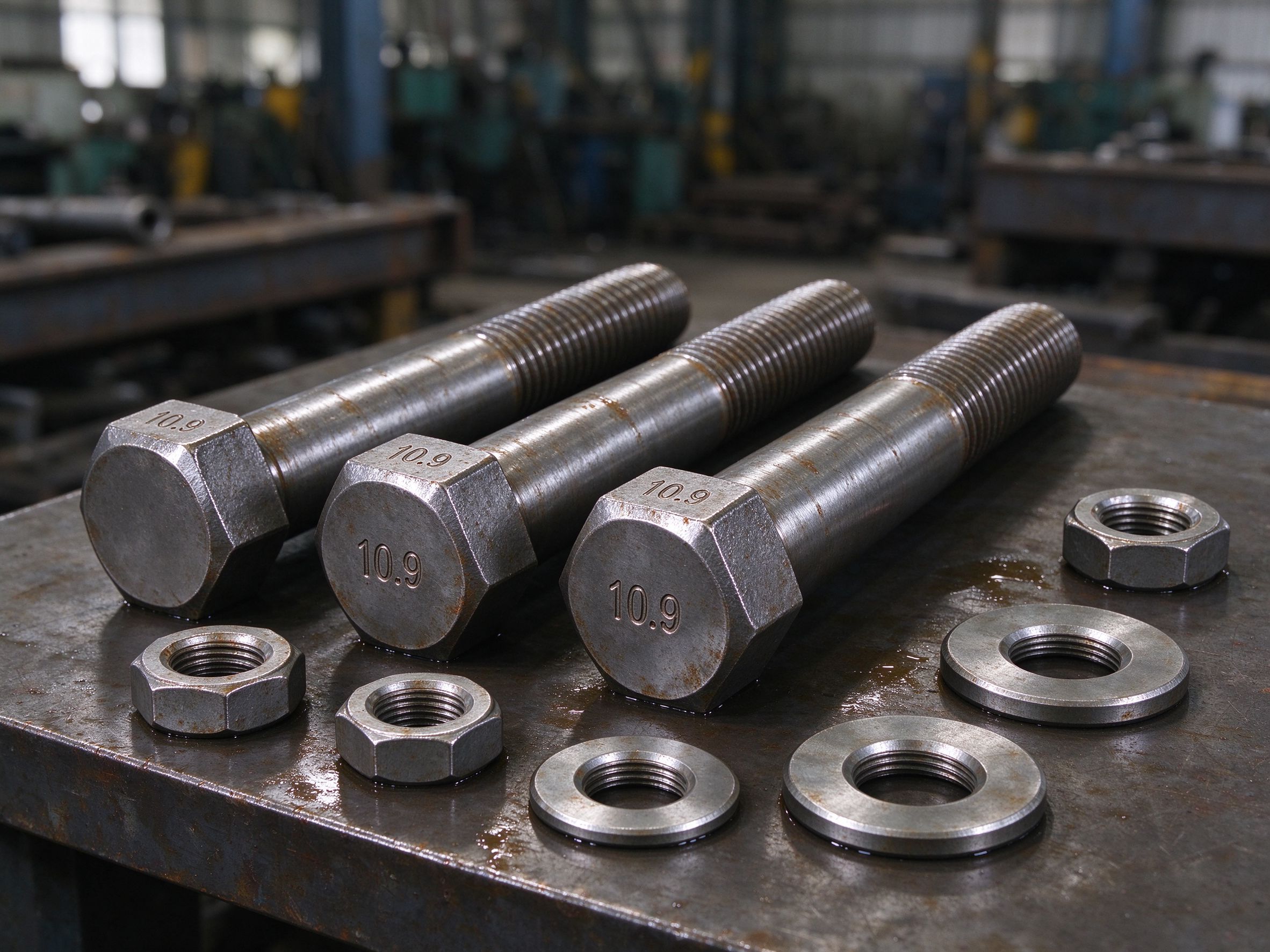 High-strength bolts with nuts and washers on a workbench, head markings visible (illustrative concept image)