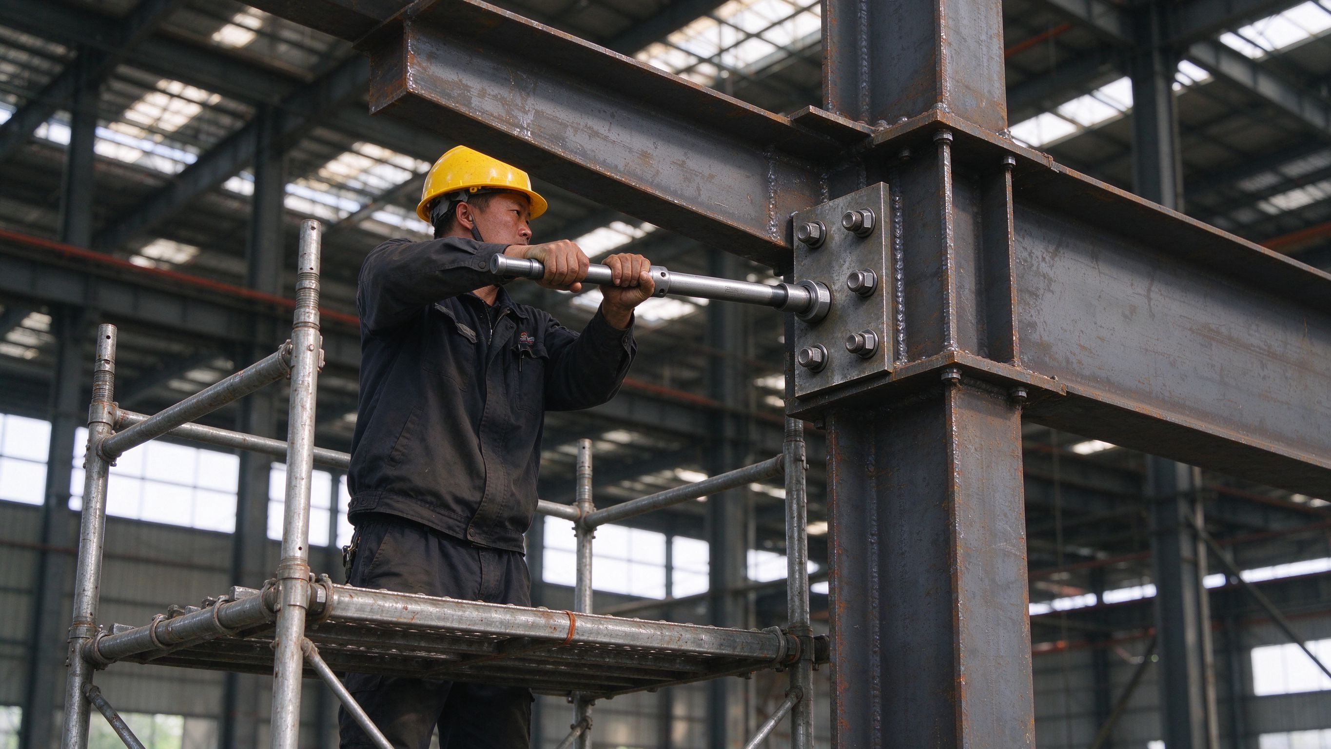 Worker tightening high-strength bolts on a steel connection with a torque wrench (illustrative concept image)