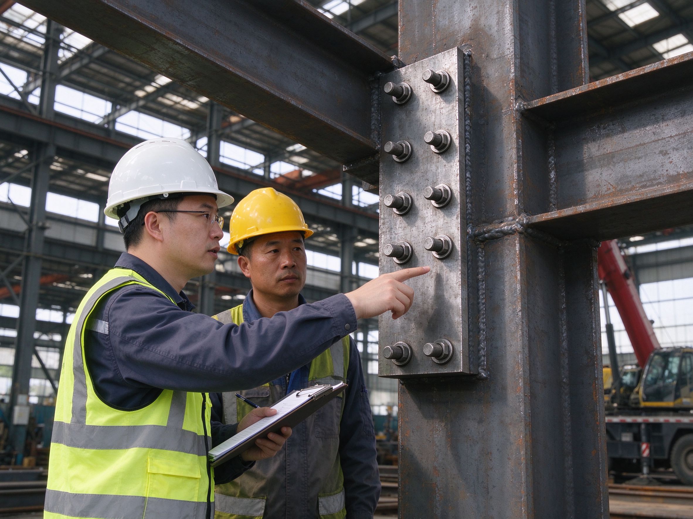 Engineer inspecting bolted connections on site with an inspection record board (illustrative concept image)