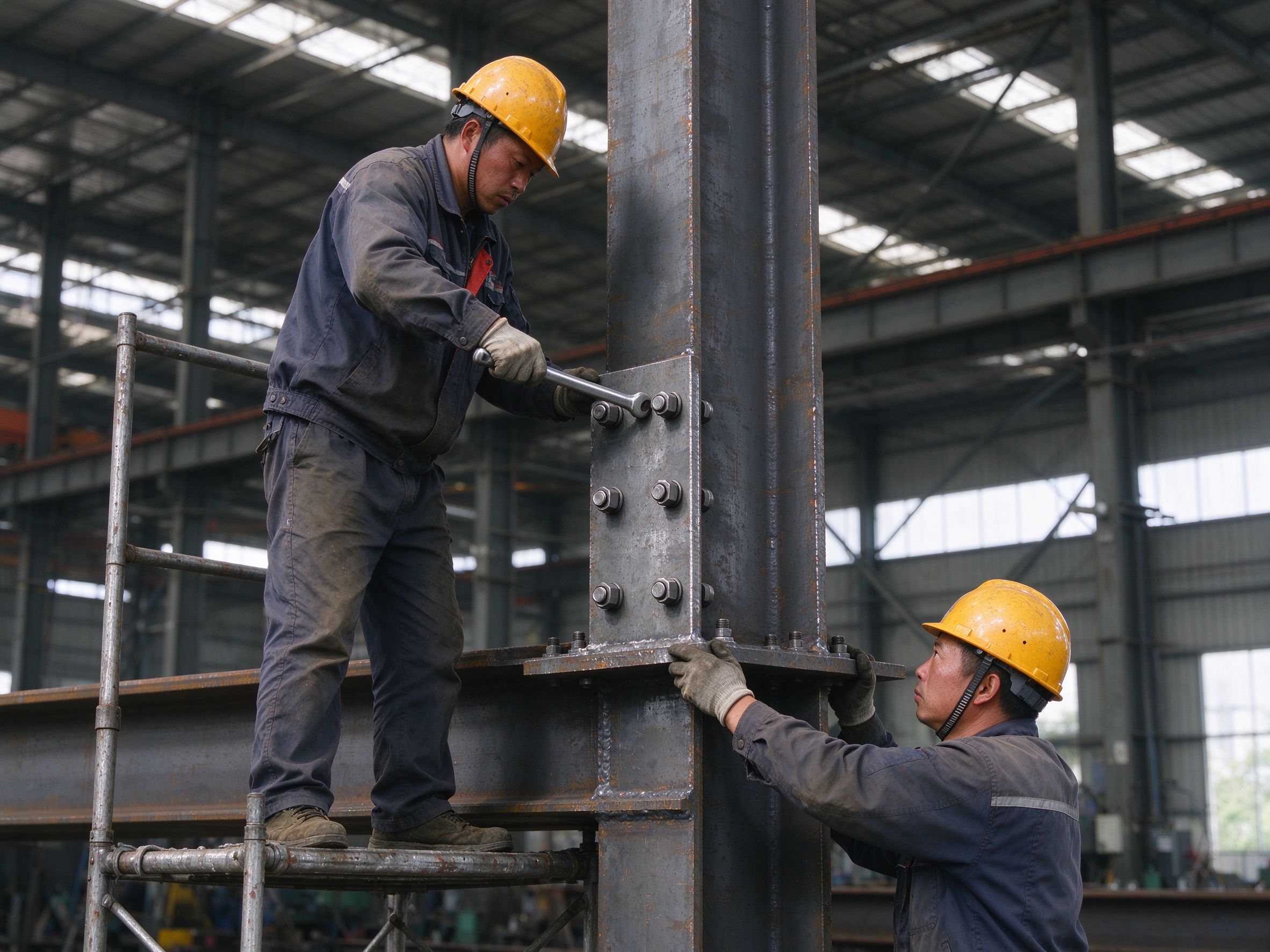Workers snug-tightening bolts on a steel beam connection and marking the joint (illustrative concept image)
