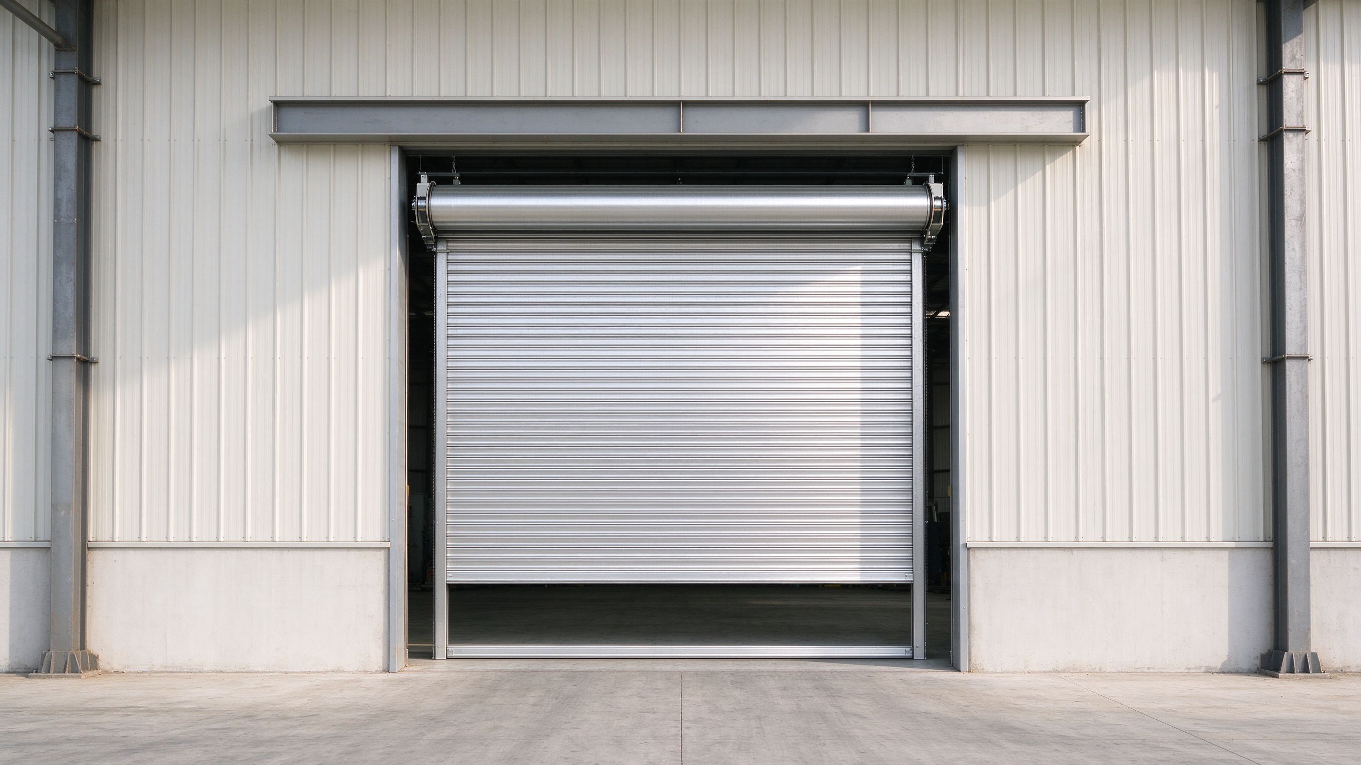 Steel warehouse with large roller door opening framed by columns and a lintel (illustrative concept image)
